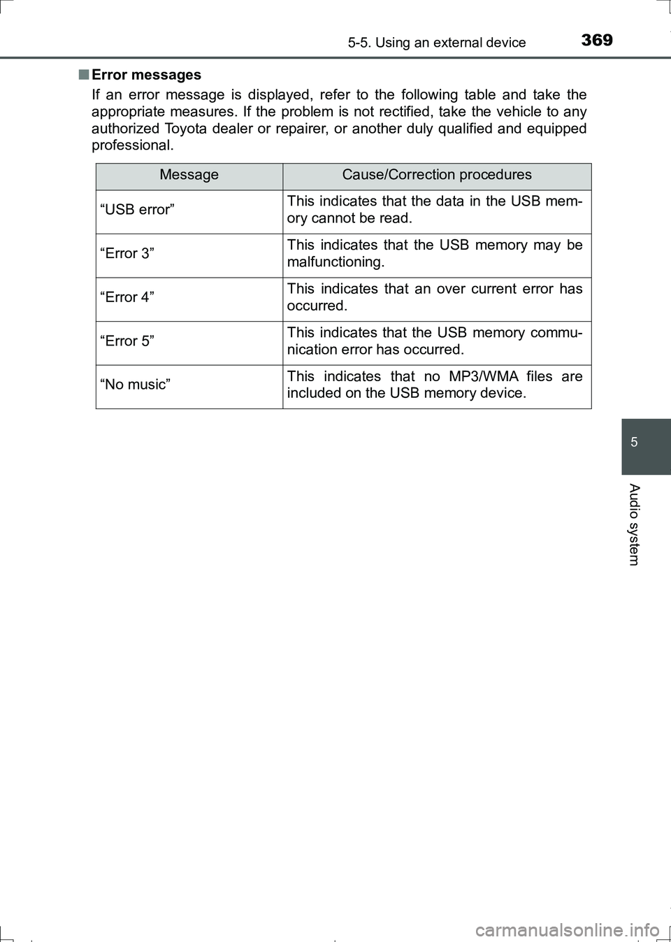 TOYOTA AURIS TOURING SPORTS 2017  Owners Manual 3695-5. Using an external device
AURIS Touring Sports_EE (12L13E)
5
Audio system
■Error messages
If an error message is displayed, refer to the following table and take the
appropriate measures. If 