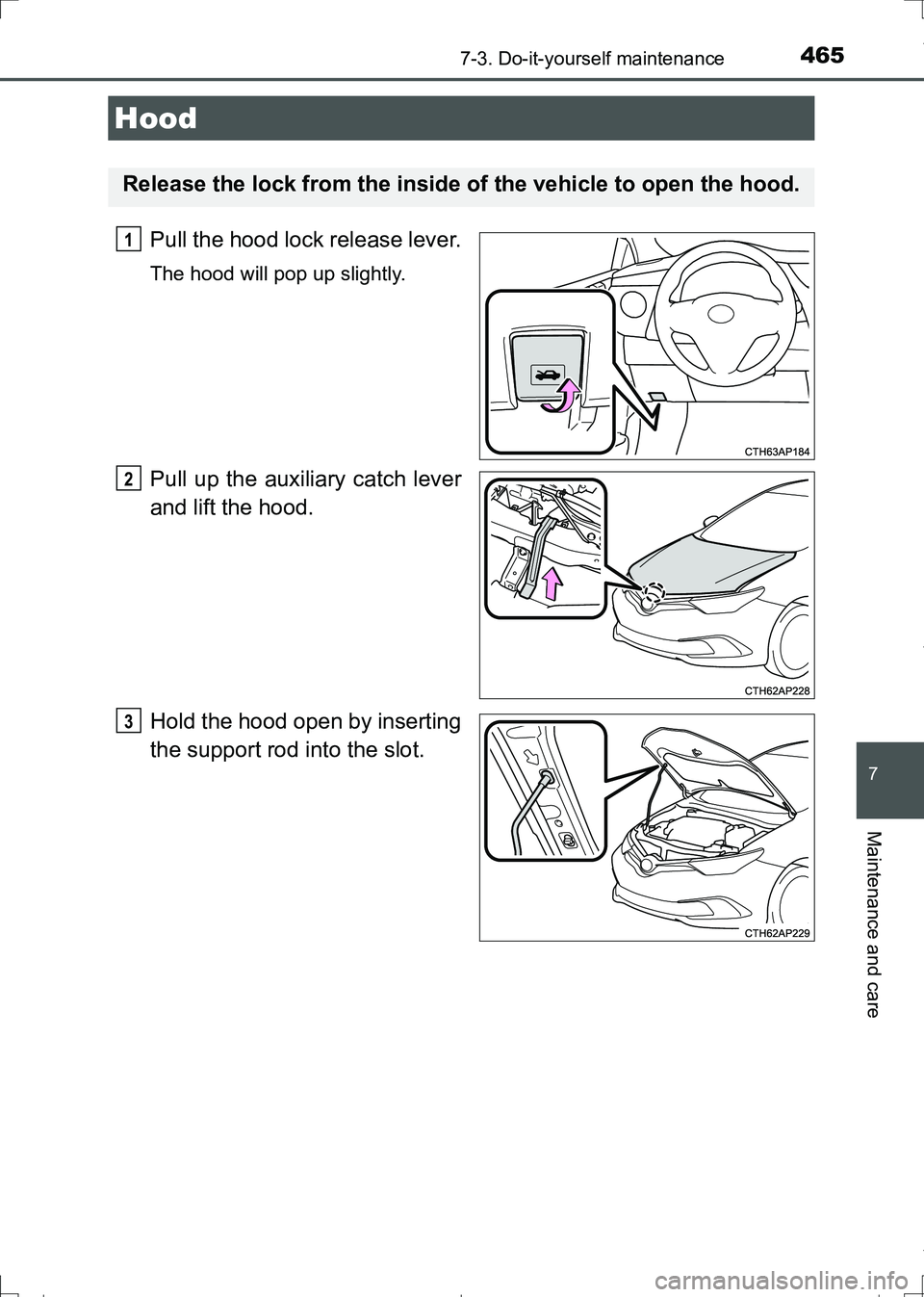TOYOTA AURIS TOURING SPORTS 2017  Owners Manual 4657-3. Do-it-yourself maintenance
AURIS Touring Sports_EE (12L13E)
7
Maintenance and care
Pull the hood lock release lever.
The hood will pop up slightly.
Pull up the auxiliary catch lever
and lift t