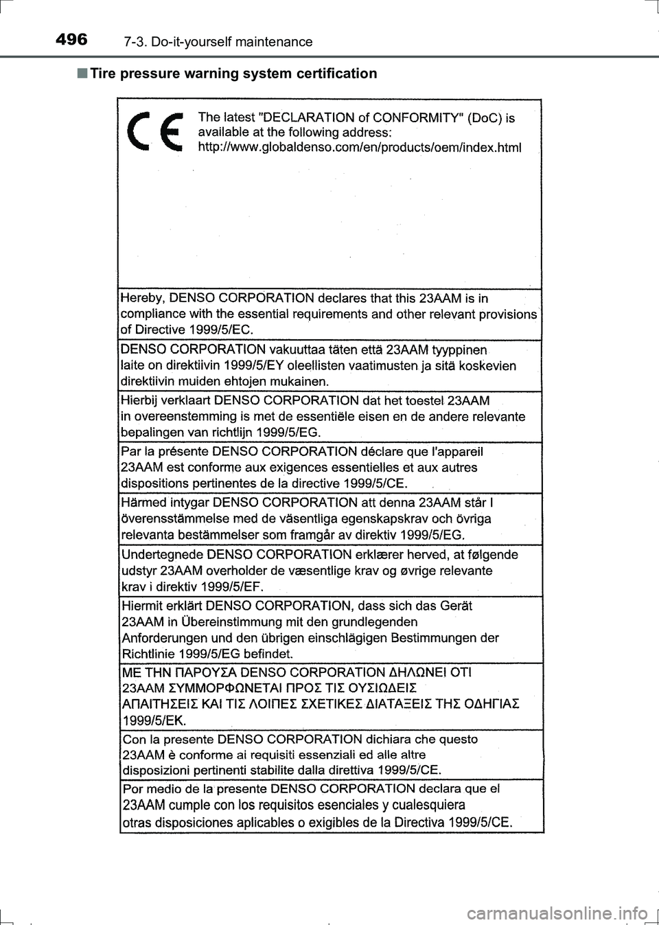 TOYOTA AURIS TOURING SPORTS 2017  Owners Manual 4967-3. Do-it-yourself maintenance
AURIS Touring Sports_EE (12L13E)■Tire pressure warning system certification
AURIS Touring Sports_OM_Europe_OM12L13E.book  496 ページ  ２０１６年６月２
