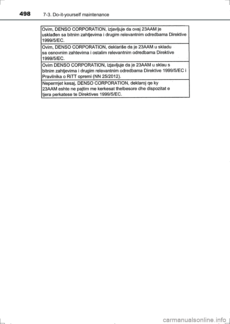 TOYOTA AURIS TOURING SPORTS 2017  Owners Manual 4987-3. Do-it-yourself maintenance
AURIS Touring Sports_EE (12L13E)
AURIS Touring Sports_OM_Europe_OM12L13E.book  498 ページ  ２０１６年６月２７日　月曜日　午後５時２１分 