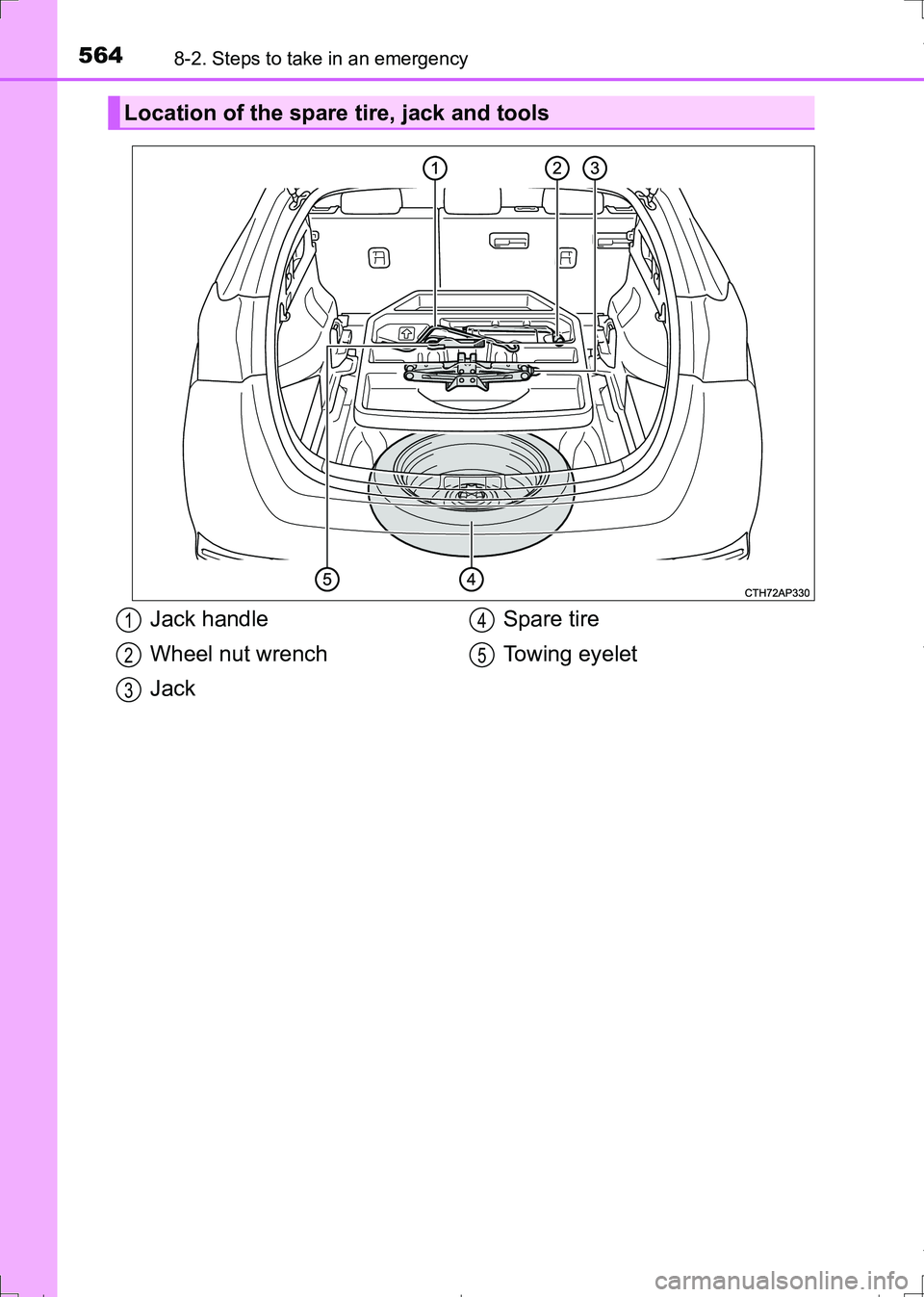 TOYOTA AURIS TOURING SPORTS 2017  Owners Manual 5648-2. Steps to take in an emergency
AURIS Touring Sports_EE (12L13E)
Location of the spare tire, jack and tools
Jack handle
Wheel nut wrench
JackSpare tire
Towing eyelet1
2
3
4
5
AURIS Touring Sport