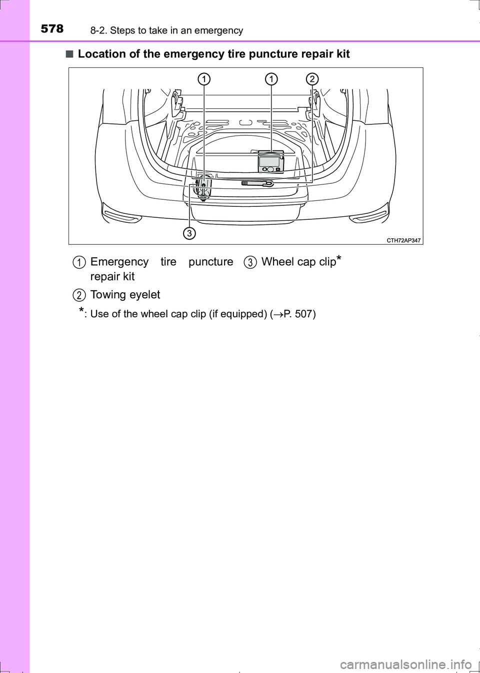 TOYOTA AURIS TOURING SPORTS 2017  Owners Manual 5788-2. Steps to take in an emergency
AURIS Touring Sports_EE (12L13E)■
Location of the emergency tire puncture repair kit
*: Use of the wheel cap clip (if equipped) (P. 507)
Emergency tire punct