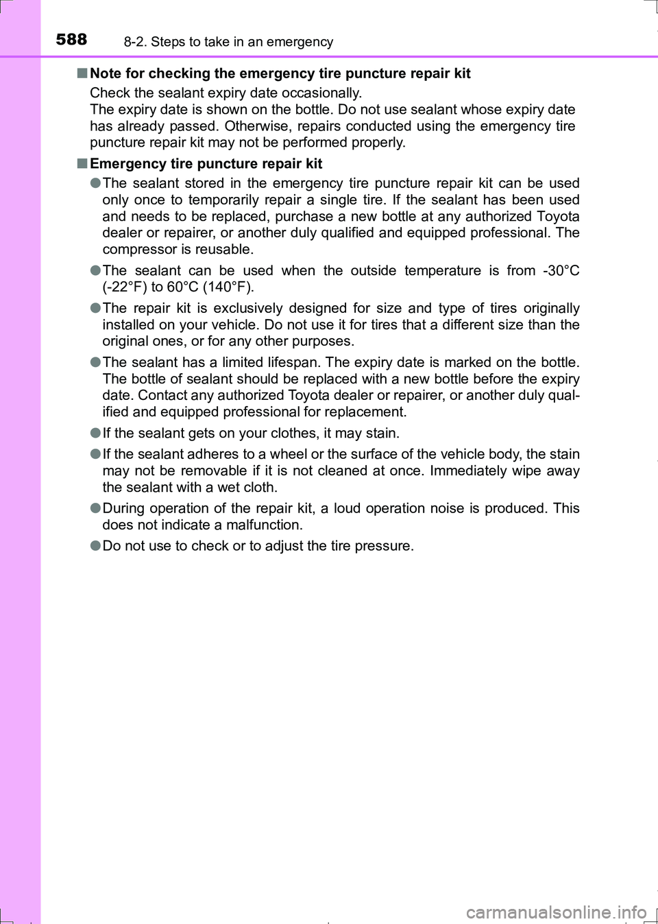 TOYOTA AURIS TOURING SPORTS 2017 Owners Manual 5888-2. Steps to take in an emergency
AURIS Touring Sports_EE (12L13E)■Note for checking the emergency tire puncture repair kit
Check the sealant expiry date occasionally.
The expiry date is shown o TOYOTA AURIS TOURING SPORTS 2017 Owners Manual 5888-2. Steps to take in an emergency
AURIS Touring Sports_EE (12L13E)■Note for checking the emergency tire puncture repair kit
Check the sealant expiry date occasionally.
The expiry date is shown o