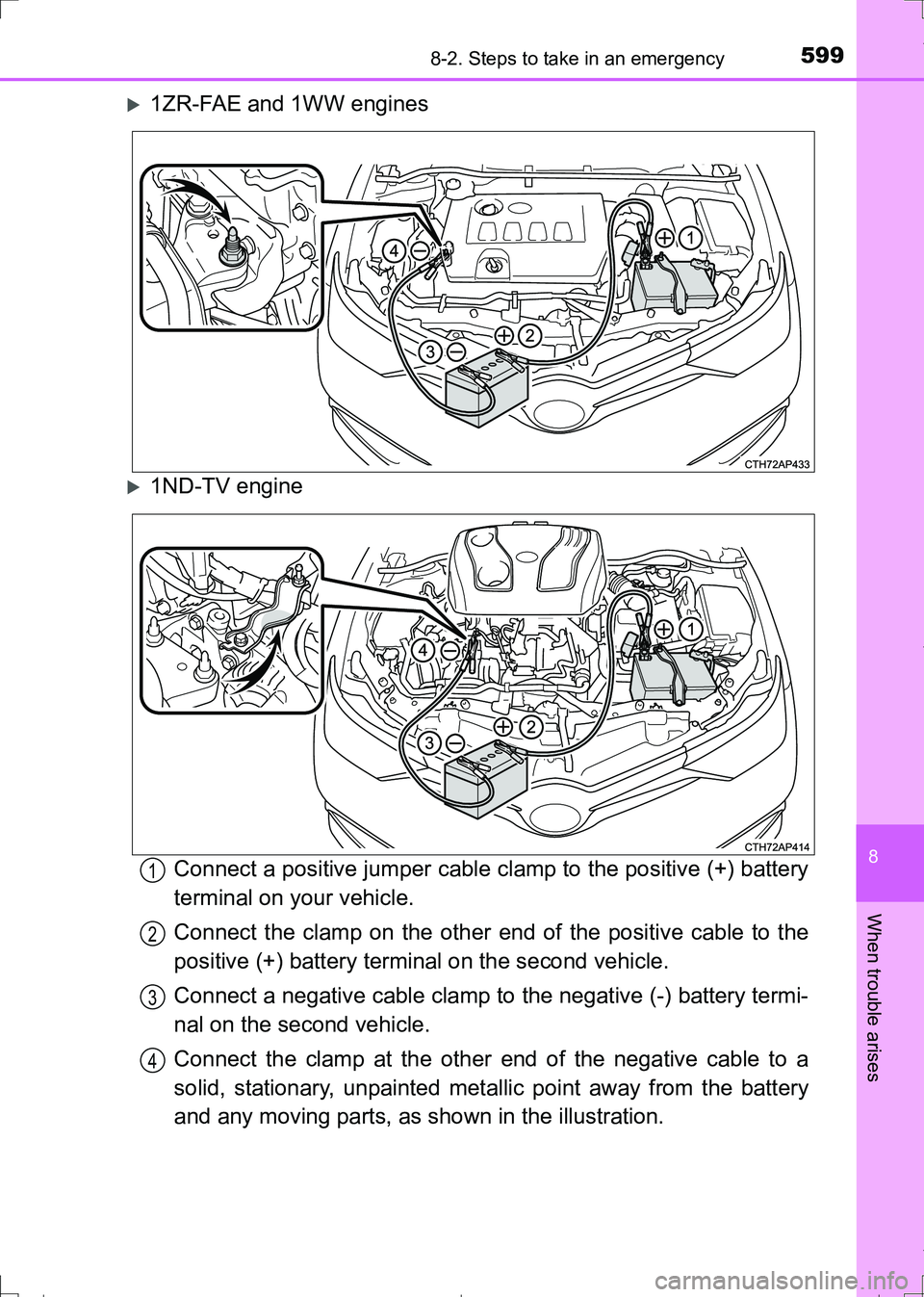 TOYOTA AURIS TOURING SPORTS 2017  Owners Manual 5998-2. Steps to take in an emergency
AURIS Touring Sports_EE (12L13E)
8
When trouble arises
1ZR-FAE and 1WW engines
1ND-TV engine
Connect a positive jumper cable clamp to the positive (+) batte