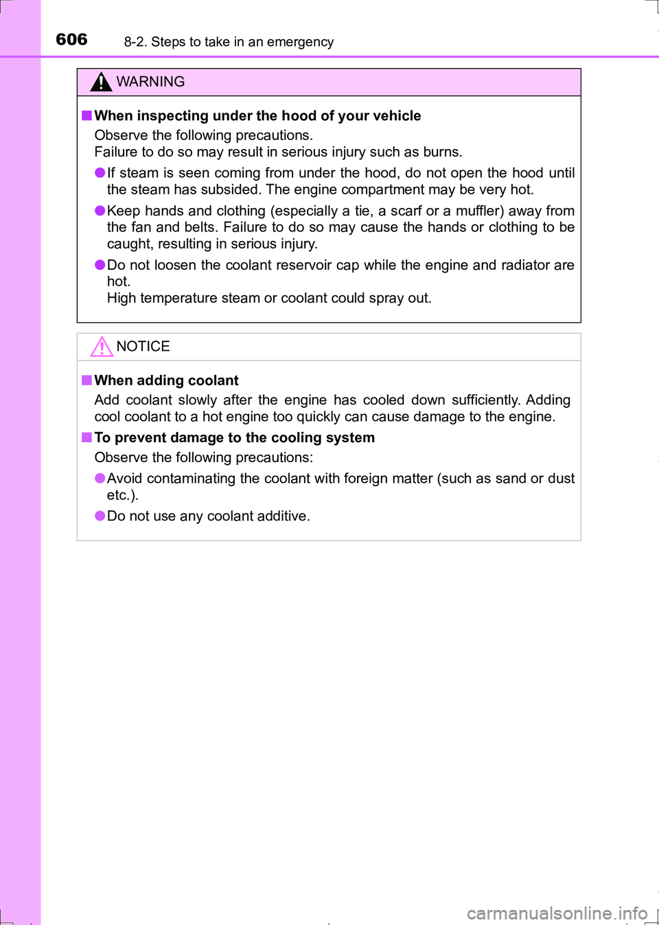 TOYOTA AURIS TOURING SPORTS 2017 Owners Manual 6068-2. Steps to take in an emergency
AURIS Touring Sports_EE (12L13E)
WARNING
■When inspecting under the hood of your vehicle
Observe the following precautions.
Failure to do so may result in seri TOYOTA AURIS TOURING SPORTS 2017 Owners Manual 6068-2. Steps to take in an emergency
AURIS Touring Sports_EE (12L13E)
WARNING
■When inspecting under the hood of your vehicle
Observe the following precautions.
Failure to do so may result in seri