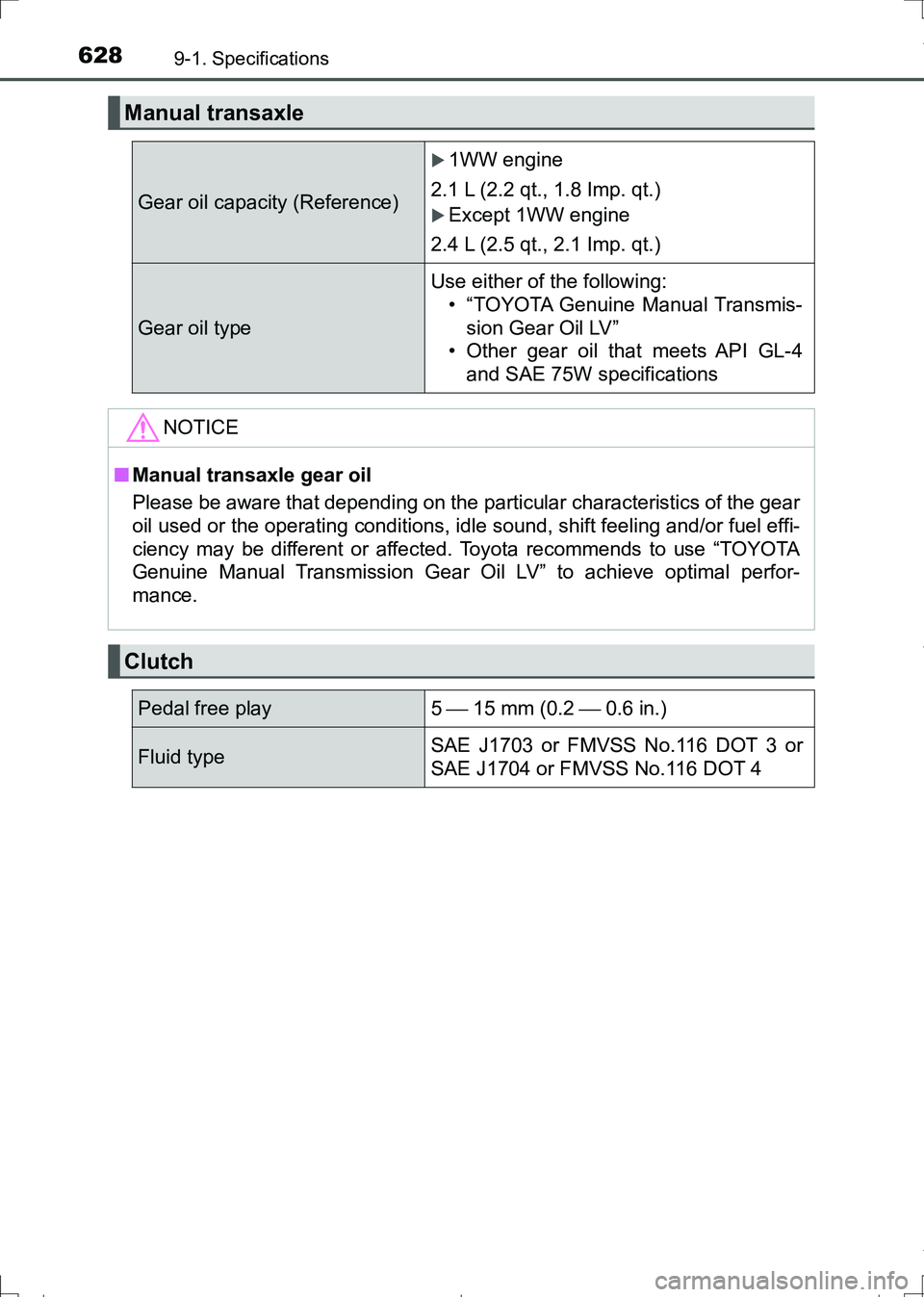 TOYOTA AURIS TOURING SPORTS 2017  Owners Manual 6289-1. Specifications
AURIS Touring Sports_EE (12L13E)
Manual transaxle
Gear oil capacity (Reference)
1WW engine
2.1 L (2.2 qt., 1.8 Imp. qt.)
Except 1WW engine
2.4 L (2.5 qt., 2.1 Imp. qt.)
Ge