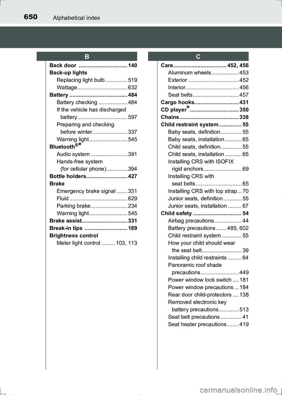 TOYOTA AURIS TOURING SPORTS 2017 Owners Manual 650Alphabetical index
AURIS Touring Sports_EE (12L13E)
Back door ................................ 140
Back-up lights
Replacing light bulb............... 519
Wattage................................. 6 TOYOTA AURIS TOURING SPORTS 2017 Owners Manual 650Alphabetical index
AURIS Touring Sports_EE (12L13E)
Back door ................................ 140
Back-up lights
Replacing light bulb............... 519
Wattage................................. 6
