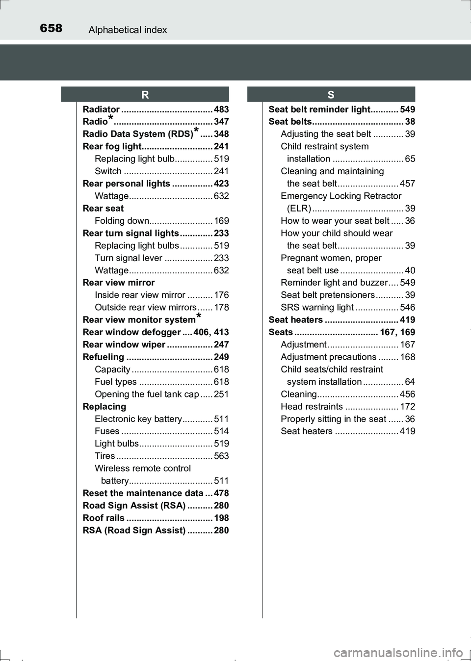 TOYOTA AURIS TOURING SPORTS 2017 Owners Manual 658Alphabetical index
AURIS Touring Sports_EE (12L13E)
Radiator .................................... 483
Radio
*....................................... 347
Radio Data System (RDS)
*..... 348
Rear fog TOYOTA AURIS TOURING SPORTS 2017 Owners Manual 658Alphabetical index
AURIS Touring Sports_EE (12L13E)
Radiator .................................... 483
Radio
*....................................... 347
Radio Data System (RDS)
*..... 348
Rear fog