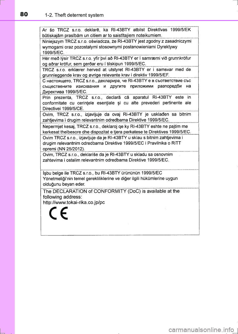 TOYOTA AURIS TOURING SPORTS 2017  Owners Manual 801-2. Theft deterrent system
AURIS Touring Sports_EE (12L13E)
AURIS Touring Sports_OM_Europe_OM12L13E.book  80 ページ  ２０１６年６月２７日　月曜日　午後５時２１分 