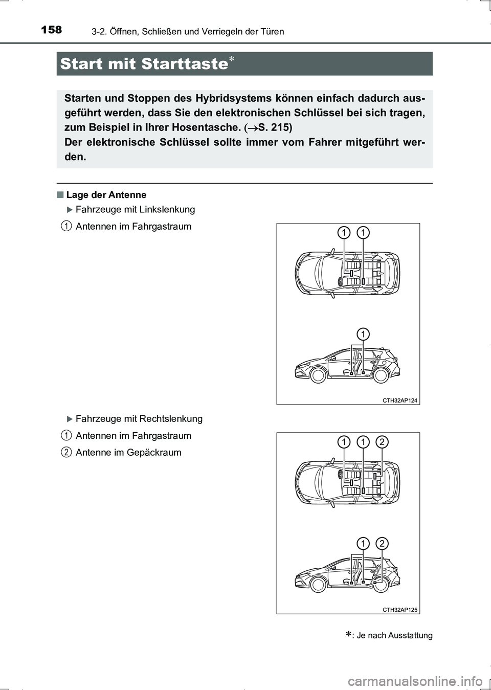 TOYOTA AURIS HYBRID 2017  Betriebsanleitungen (in German) 1583-2. Öffnen, Schließen und Verriegeln der Türen
UK_AURIS_HV_HB_EM (OM12L09M)
■Lage der Antenne
Fahrzeuge mit Linkslenkung
Fahrzeuge mit Rechtslenkung
Start mit Starttaste
: Je nach