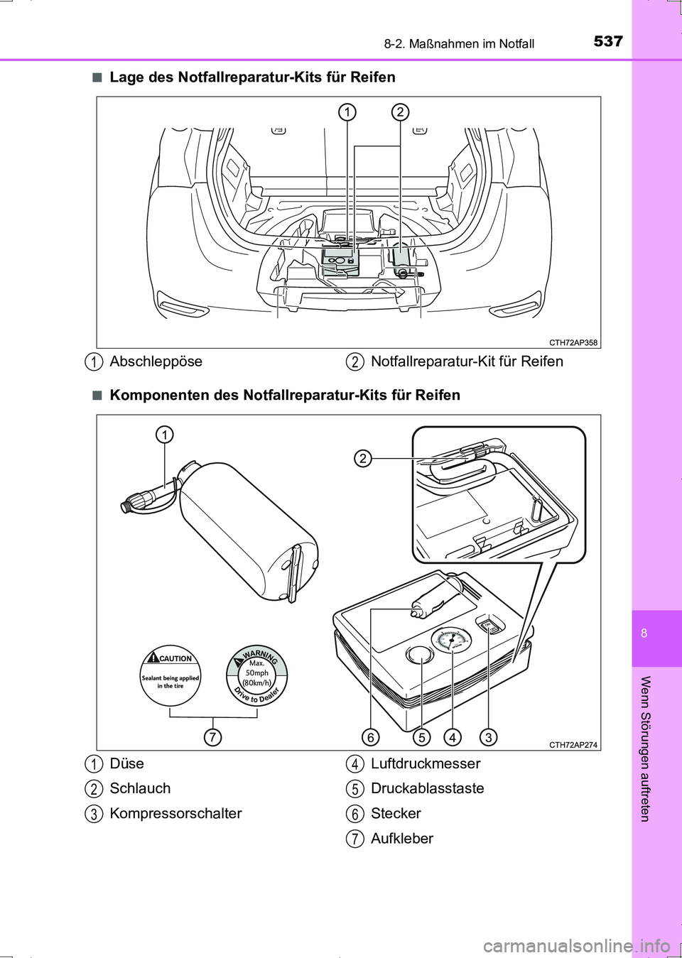 TOYOTA AURIS HYBRID 2017  Betriebsanleitungen (in German) 5378-2. Maßnahmen im Notfall
8
Wenn Störungen auftreten
UK_AURIS_HV_HB_EM (OM12L09M)■
Lage des Notfallreparatur-Kits für Reifen
■Komponenten des Notfallreparatur-Kits für Reifen
Abschleppöse 