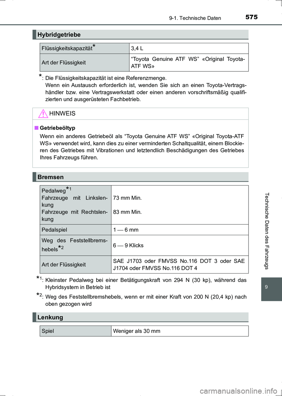 TOYOTA AURIS HYBRID 2017 Betriebsanleitungen (in German) 575
9
9-1. Technische Daten
Technische Daten des Fahrzeugs
UK_AURIS_HV_HB_EM (OM12L09M)
*: Die Flüssigkeitskapazität ist eine Referenzmenge.
Wenn ein Austausch erforderlich ist, wenden Sie sich an e TOYOTA AURIS HYBRID 2017 Betriebsanleitungen (in German) 575
9
9-1. Technische Daten
Technische Daten des Fahrzeugs
UK_AURIS_HV_HB_EM (OM12L09M)
*: Die Flüssigkeitskapazität ist eine Referenzmenge.
Wenn ein Austausch erforderlich ist, wenden Sie sich an e