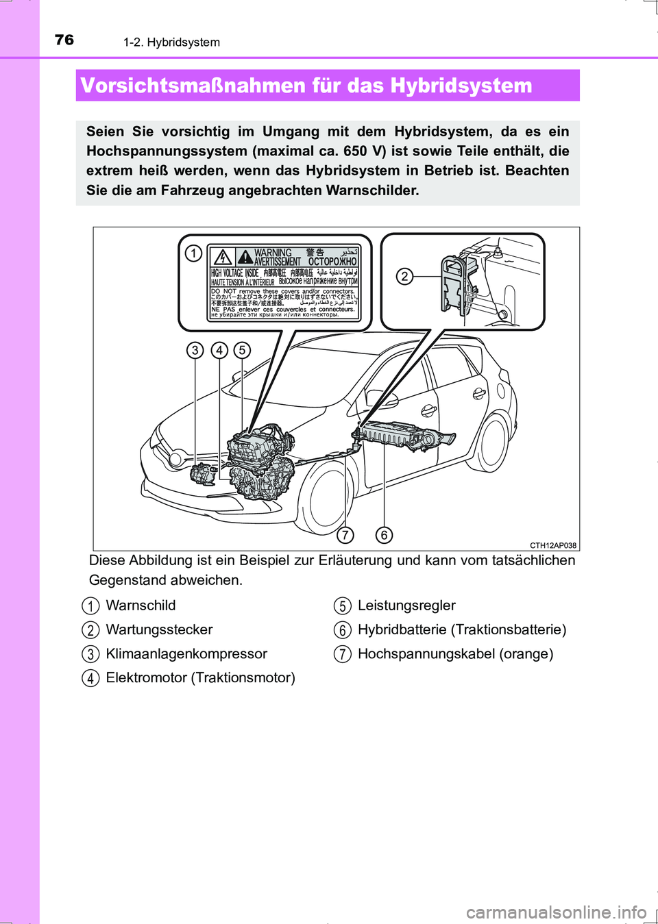 TOYOTA AURIS HYBRID 2017  Betriebsanleitungen (in German) 761-2. Hybridsystem
UK_AURIS_HV_HB_EM (OM12L09M)
Diese Abbildung ist ein Beispiel zur Erläuterung und kann vom tatsächlichen
Gegenstand abweichen.
Vorsichtsmaßnahmen für das Hybridsystem
Seien Sie
