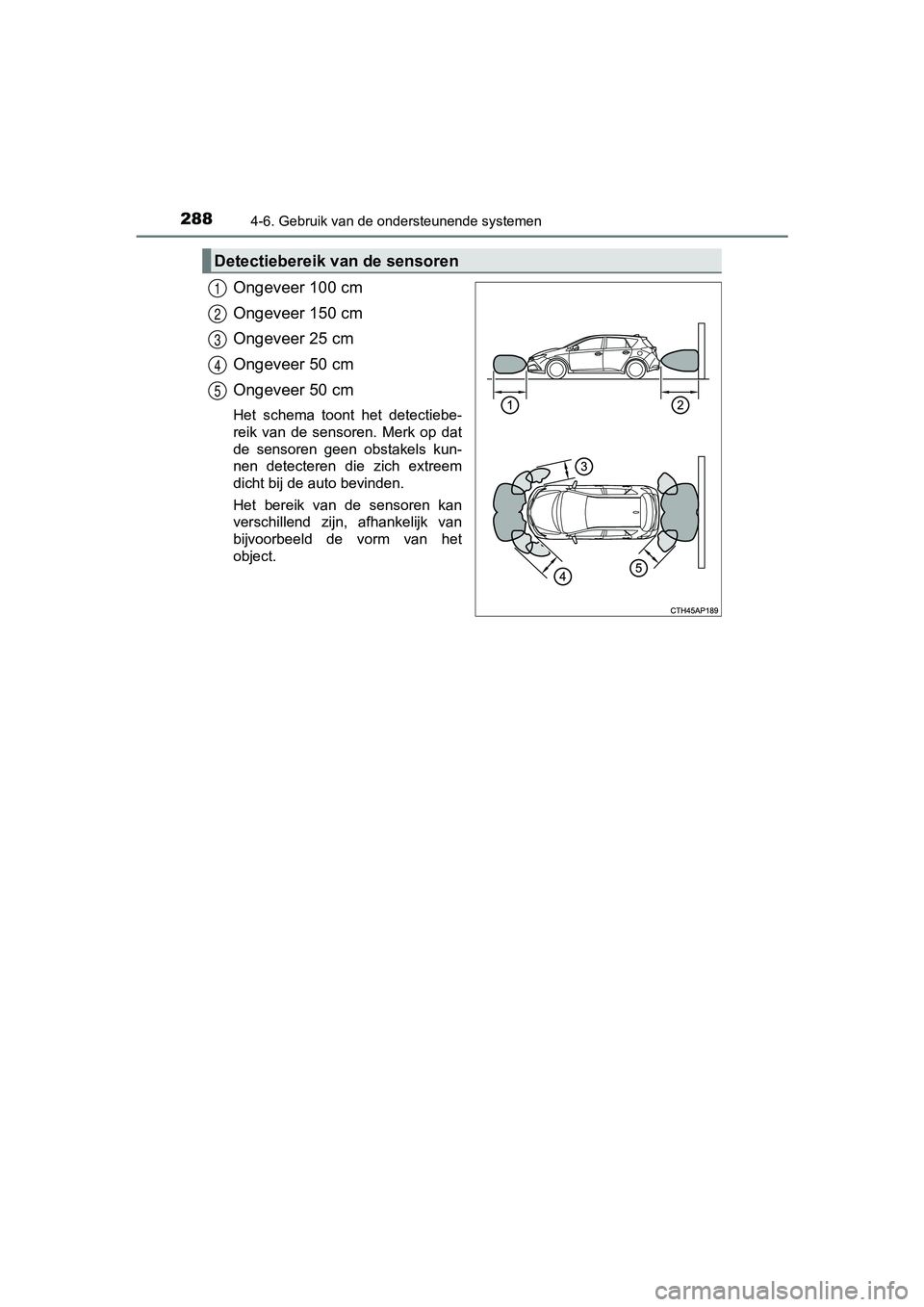 TOYOTA AURIS HYBRID 2017  Instructieboekje (in Dutch) 2884-6. Gebruik van de ondersteunende systemen
UK AURIS_HV_HB_EE (OM12L07E)
Ongeveer 100 cm
Ongeveer 150 cm
Ongeveer 25 cm
Ongeveer 50 cm
Ongeveer 50 cm
Het  schema  toont  het  detectiebe-
reik  van 