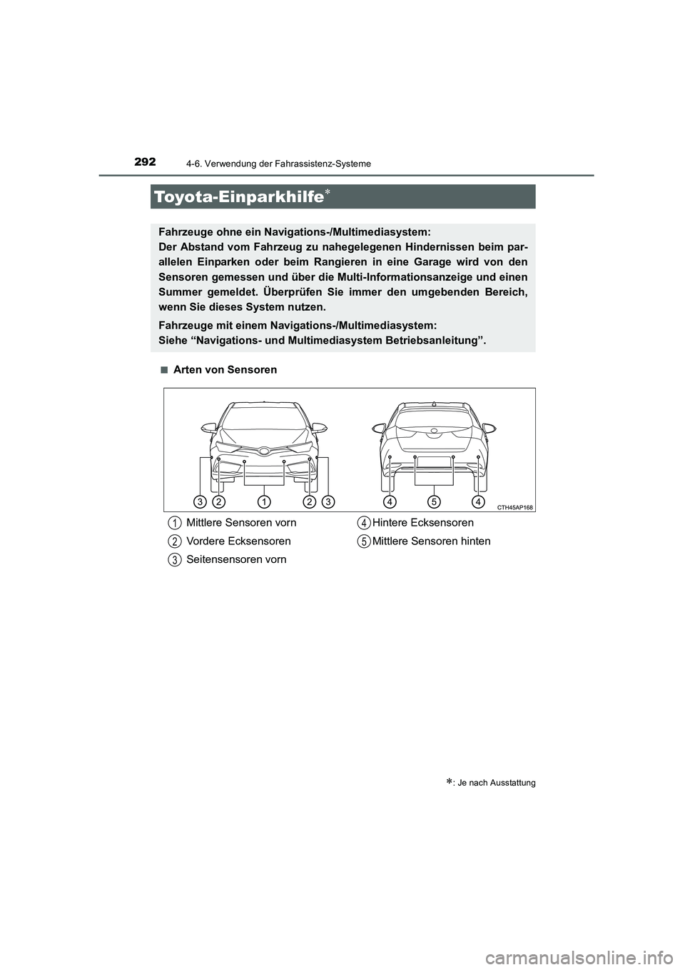 TOYOTA AURIS HYBRID 2016  Betriebsanleitungen (in German) 2924-6. Verwendung der Fahrassistenz-Systeme
UK_AURIS_HV_HB_EM (OM12K49M)■
Arten von Sensoren
Toyota-Einparkhilfe∗
∗: Je nach Ausstattung
Fahrzeuge ohne ein Navigations-/Multimediasystem: 
Der A