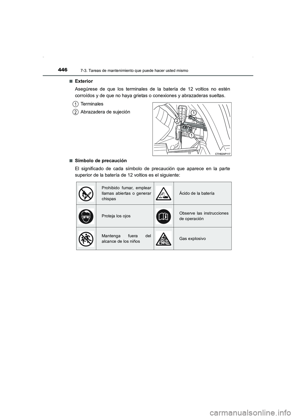 TOYOTA AURIS HYBRID 2016  Manual del propietario (in Spanish) 4467-3. Tareas de mantenimiento que puede hacer usted mismo
UK_AURIS_HV_HB_ES (OM12K50S)■
Exterior
Asegúrese de que los terminales de la batería de 12 voltios no estén
corroídos y de que no haya