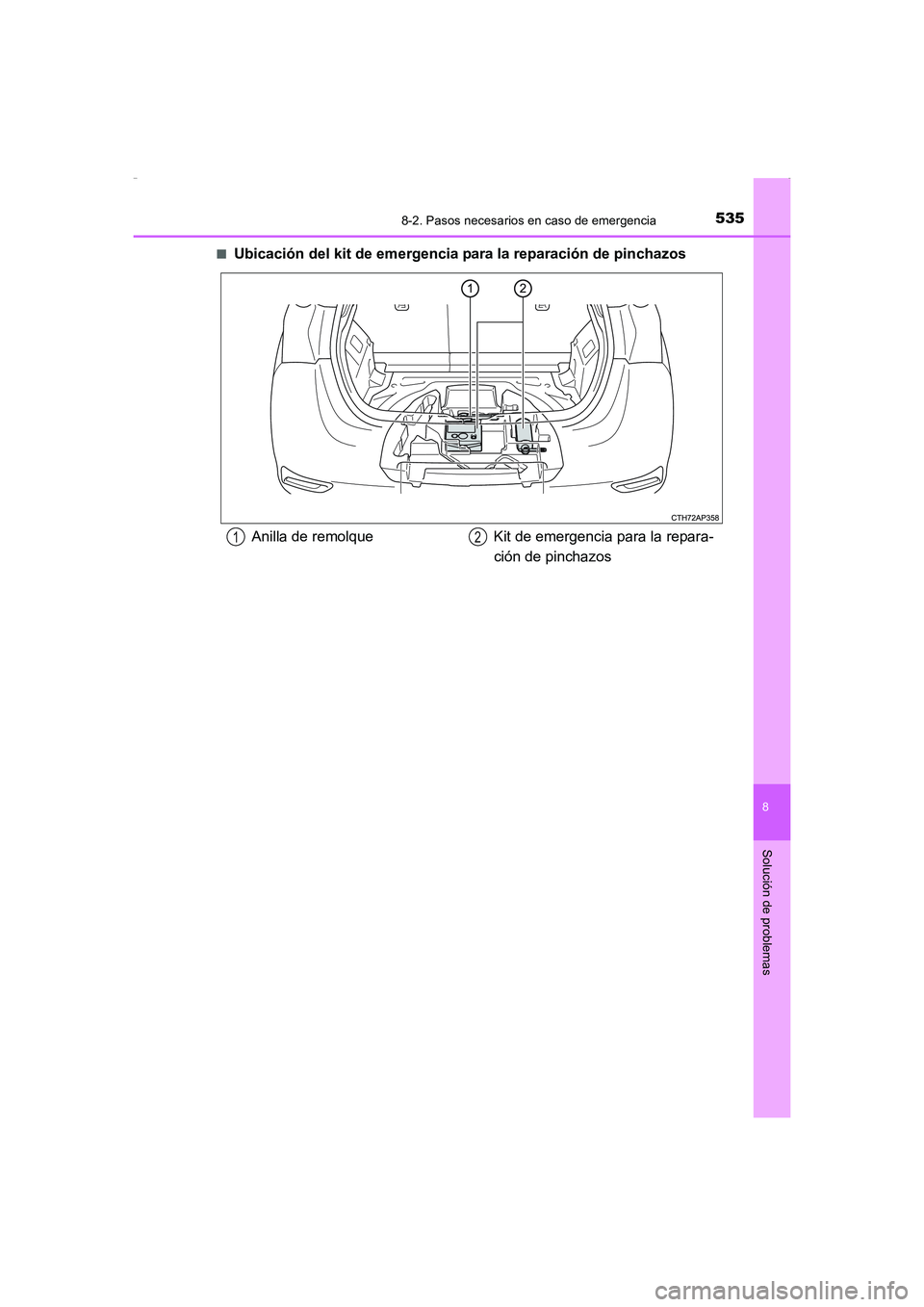 TOYOTA AURIS HYBRID 2016  Manual del propietario (in Spanish) 5358-2. Pasos necesarios en caso de emergencia
8
Solución de problemas
UK_AURIS_HV_HB_ES (OM12K50S)■
Ubicación del kit de emergencia para la reparación de pinchazos
Anilla de remolque Kit de emer