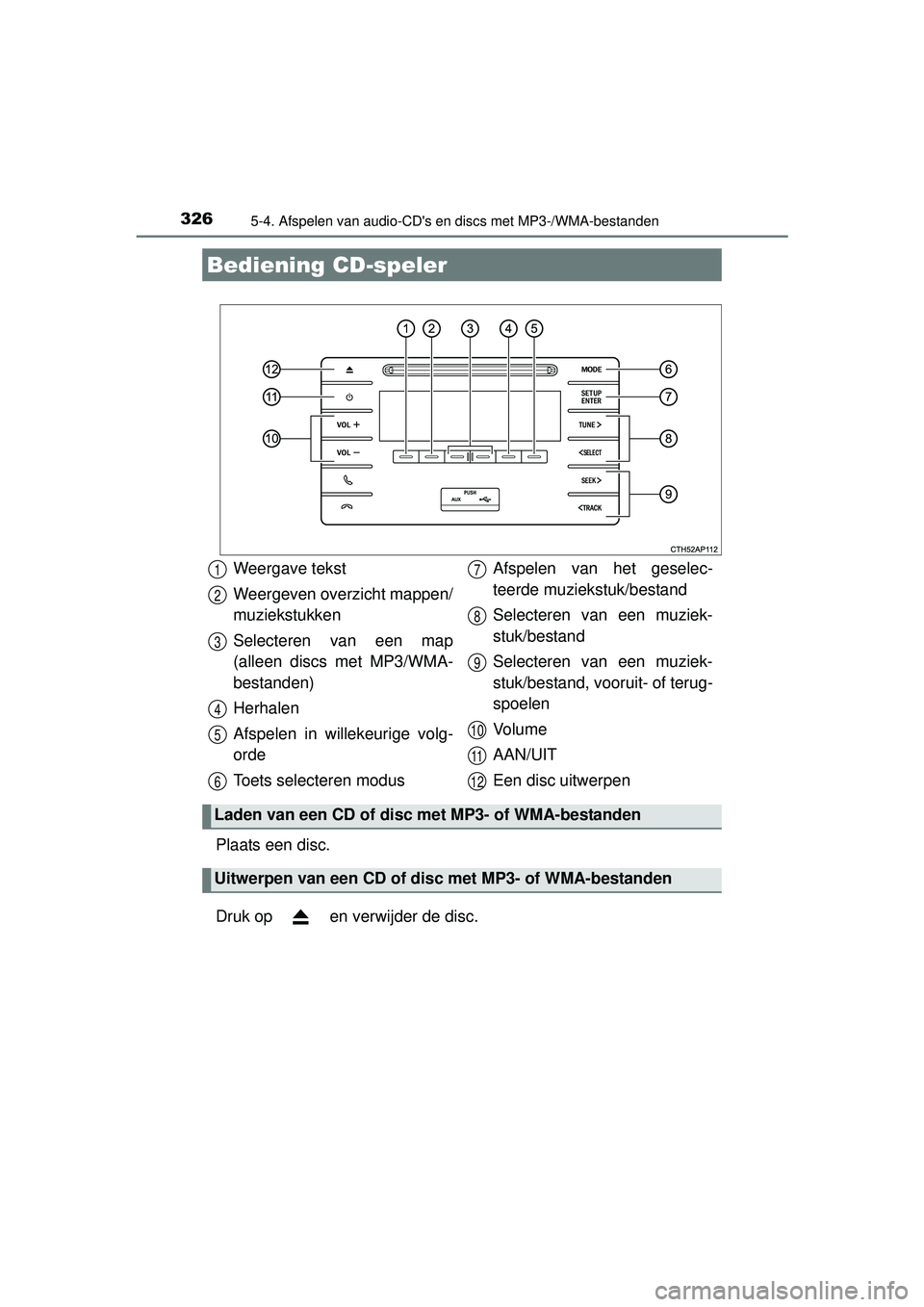 TOYOTA AURIS HYBRID 2016  Instructieboekje (in Dutch) 326
UK AURIS_HV_HB_EE (OM12K47E)
5-4. Afspelen van audio-CDs en discs met MP3-/WMA-bestanden
Plaats een disc.
Druk op   en verwijder de disc.
Bediening CD-speler
Weergave tekst
Weergeven overzicht ma