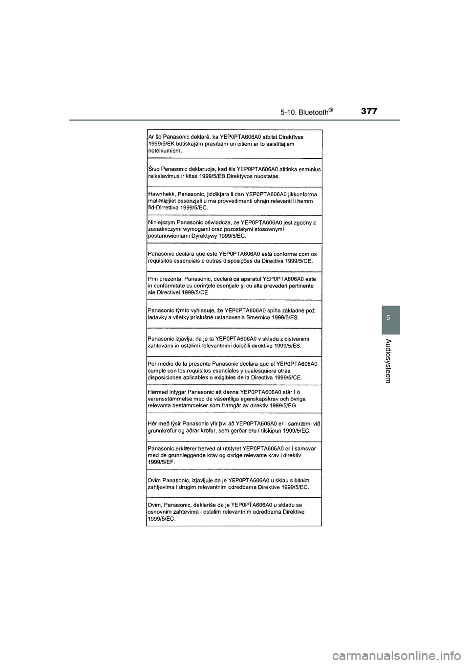 TOYOTA AURIS HYBRID 2016  Instructieboekje (in Dutch) 3775-10. Bluetooth®
UK AURIS_HV_HB_EE (OM12K47E)
5
Audiosysteem
UK AURIS_HV_HB_OM_Europe_OM12K47E.book  Page 377  Friday, February 19, 2016  1:08 PM 