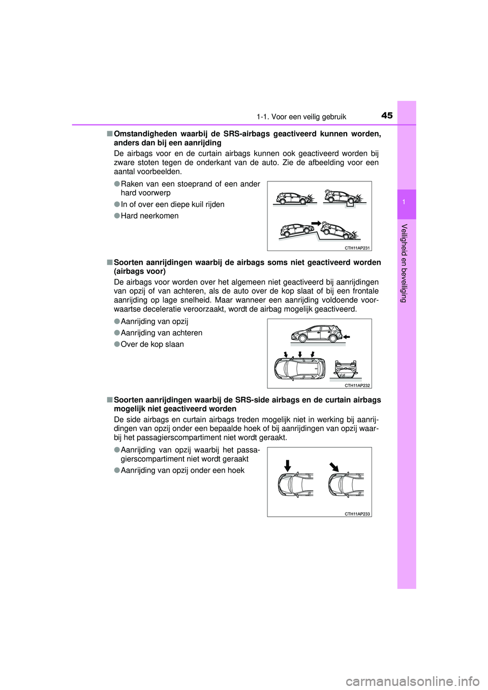 TOYOTA AURIS HYBRID 2016  Instructieboekje (in Dutch) 451-1. Voor een veilig gebruik
1
Veiligheid en beveiliging
UK AURIS_HV_HB_EE (OM12K47E)■
Omstandigheden waarbij de SRS-airbags geactiveerd kunnen worden,
anders dan bij een aanrijding 
De airbags vo