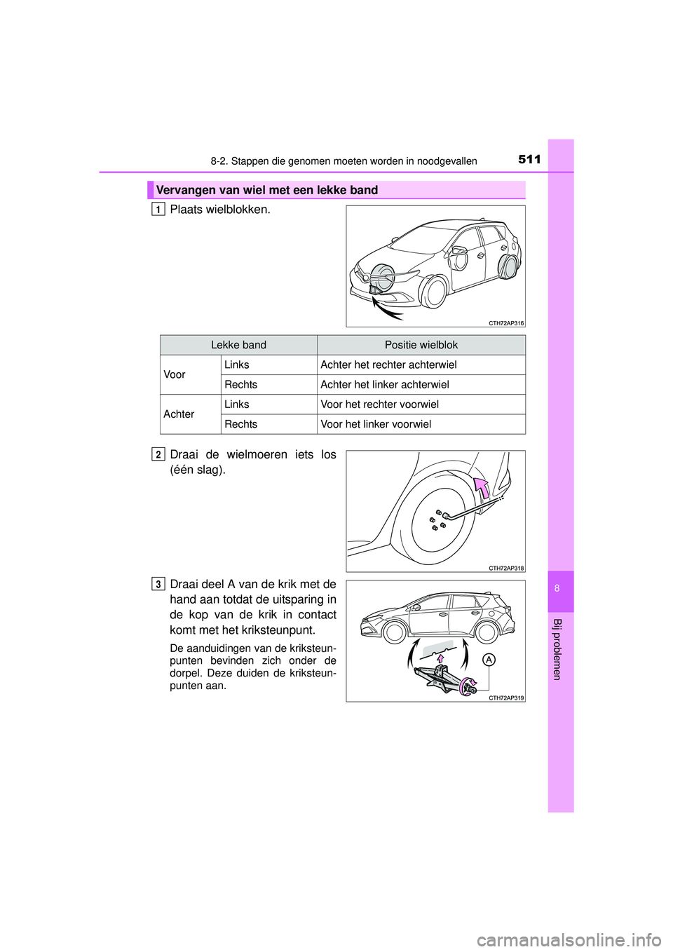 TOYOTA AURIS HYBRID 2016  Instructieboekje (in Dutch) 5118-2. Stappen die genomen moeten worden in noodgevallen
UK AURIS_HV_HB_EE (OM12K47E)
8
Bij problemen
Plaats wielblokken.
Draai de wielmoeren iets los
(één slag).
Draai deel A van de krik met de
ha