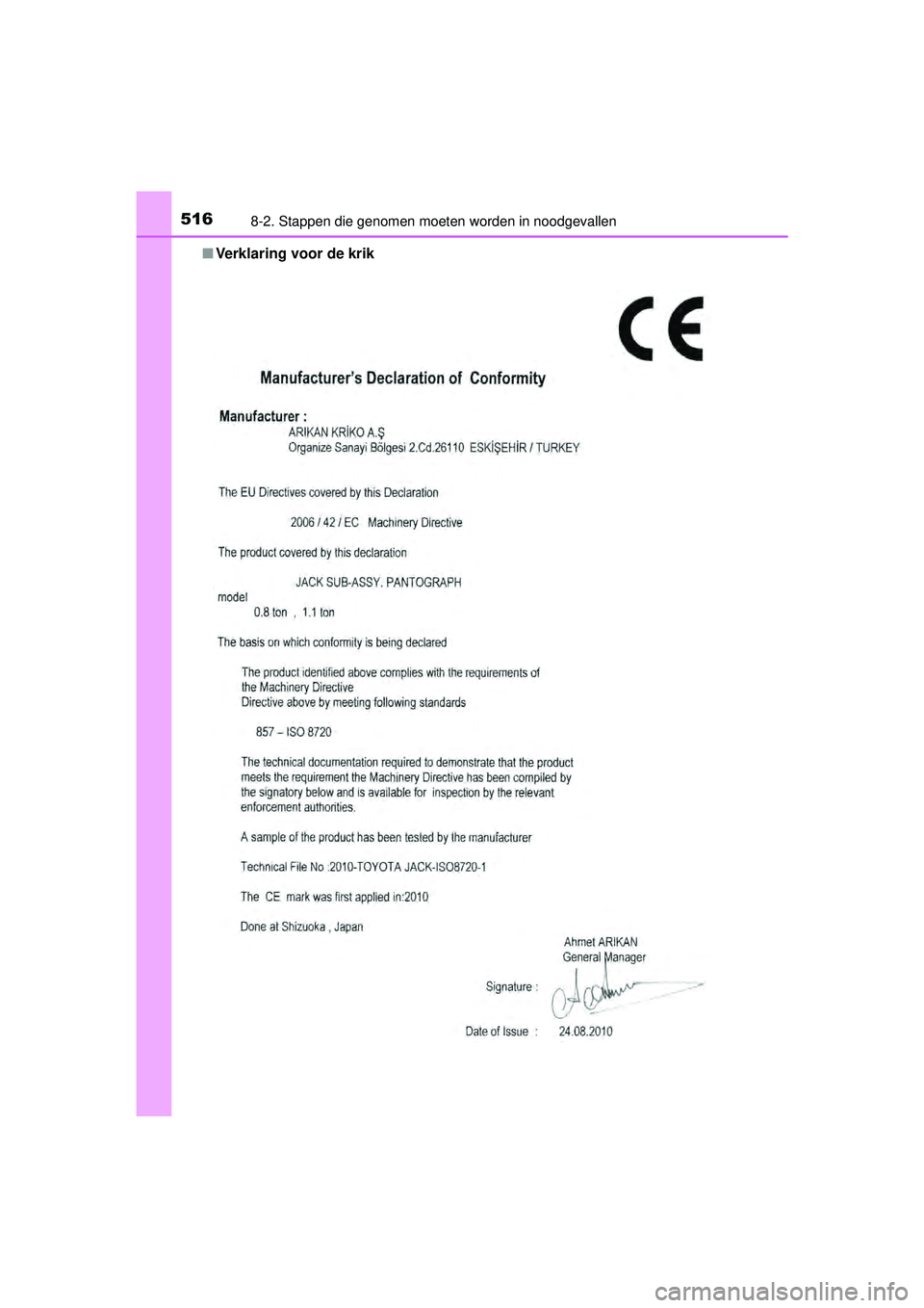 TOYOTA AURIS HYBRID 2016  Instructieboekje (in Dutch) 5168-2. Stappen die genomen moeten worden in noodgevallen
UK AURIS_HV_HB_EE (OM12K47E)■
Verklaring voor de krik
UK AURIS_HV_HB_OM_Europe_OM12K47E.book  Page 516  Friday, February 19, 2016  1:08 PM 