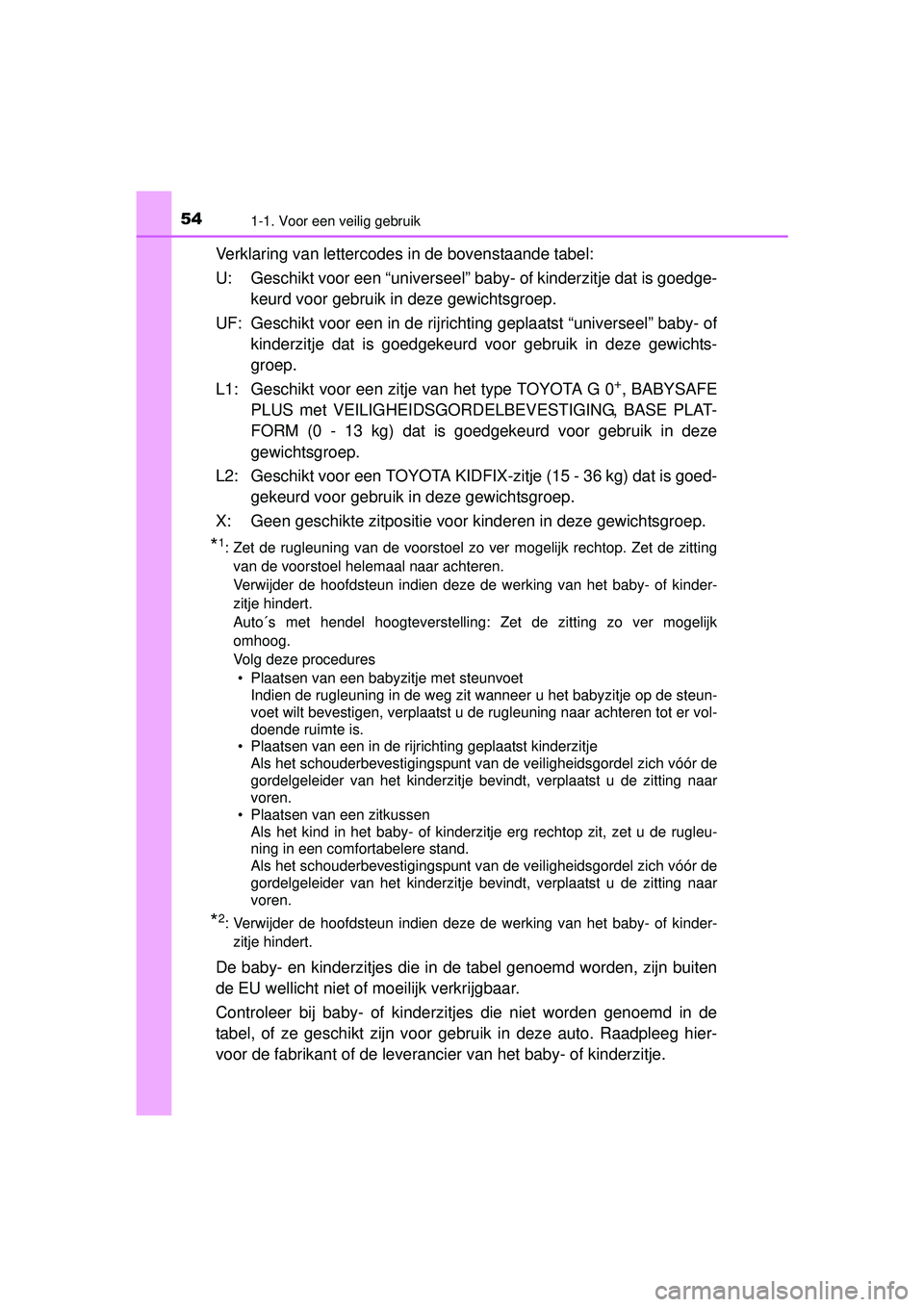 TOYOTA AURIS HYBRID 2016  Instructieboekje (in Dutch) 541-1. Voor een veilig gebruik
UK AURIS_HV_HB_EE (OM12K47E)
Verklaring van lettercodes in de bovenstaande tabel:
U: Geschikt voor een “universeel” baby- of kinderzitje dat is goedge-
keurd voor ge