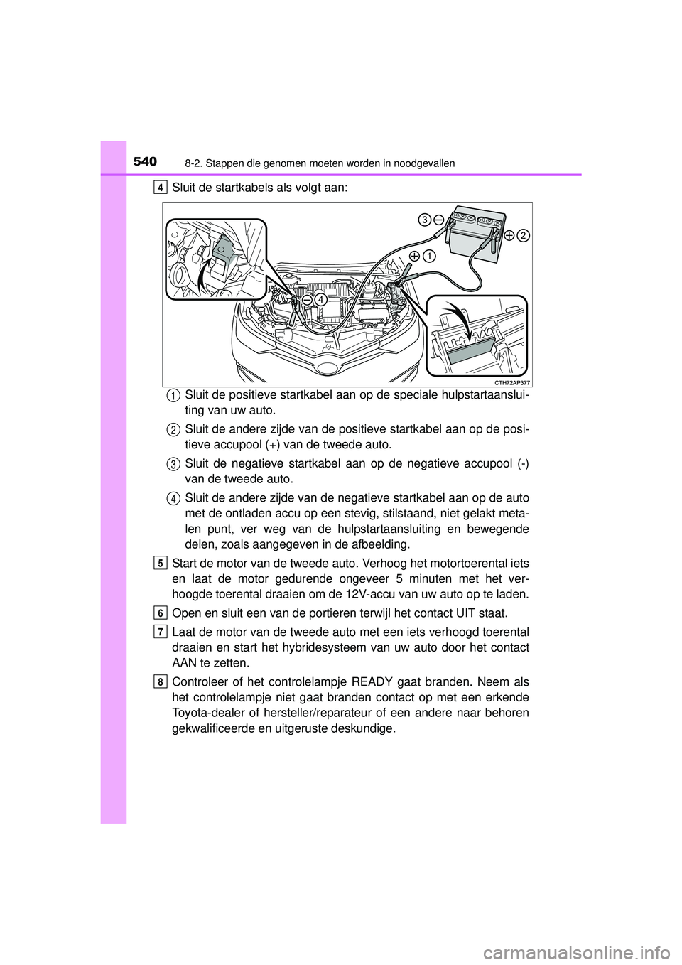 TOYOTA AURIS HYBRID 2016 Instructieboekje (in Dutch) 5408-2. Stappen die genomen moeten worden in noodgevallen
UK AURIS_HV_HB_EE (OM12K47E)
Sluit de startkabels als volgt aan:Sluit de positieve startkabel aan op de speciale hulpstartaanslui-
ting van uw TOYOTA AURIS HYBRID 2016 Instructieboekje (in Dutch) 5408-2. Stappen die genomen moeten worden in noodgevallen
UK AURIS_HV_HB_EE (OM12K47E)
Sluit de startkabels als volgt aan:Sluit de positieve startkabel aan op de speciale hulpstartaanslui-
ting van uw