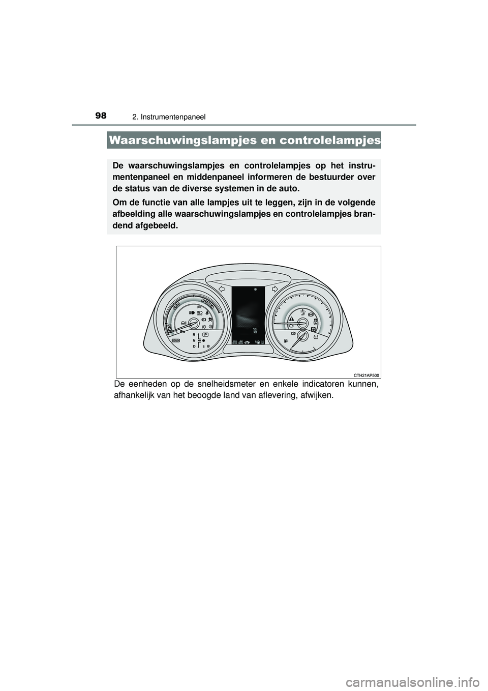 TOYOTA AURIS HYBRID 2016  Instructieboekje (in Dutch) 98
UK AURIS_HV_HB_EE (OM12K47E)
2. Instrumentenpaneel
De eenheden op de snelheidsmeter en enkele indicatoren kunnen,
afhankelijk van het beoogde land van aflevering, afwijken.
Waarschuwingslampjes en 