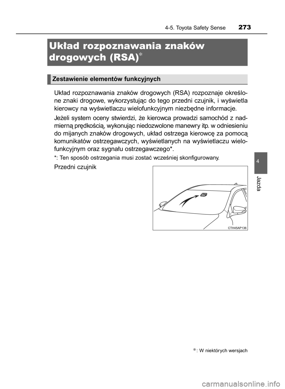 TOYOTA AURIS HYBRID 2016  Instrukcja obsługi (in Polish) Uk∏ad  rozpoznawania  znaków  drogowych  (RSA)  rozpoznaje  okreÊlo-
ne znaki drogowe, wykorzystujàc do tego przedni czujnik, i wyÊwietla
kierowcy na wyÊwietlaczu wielofunkcyjnym niezb´dne inf