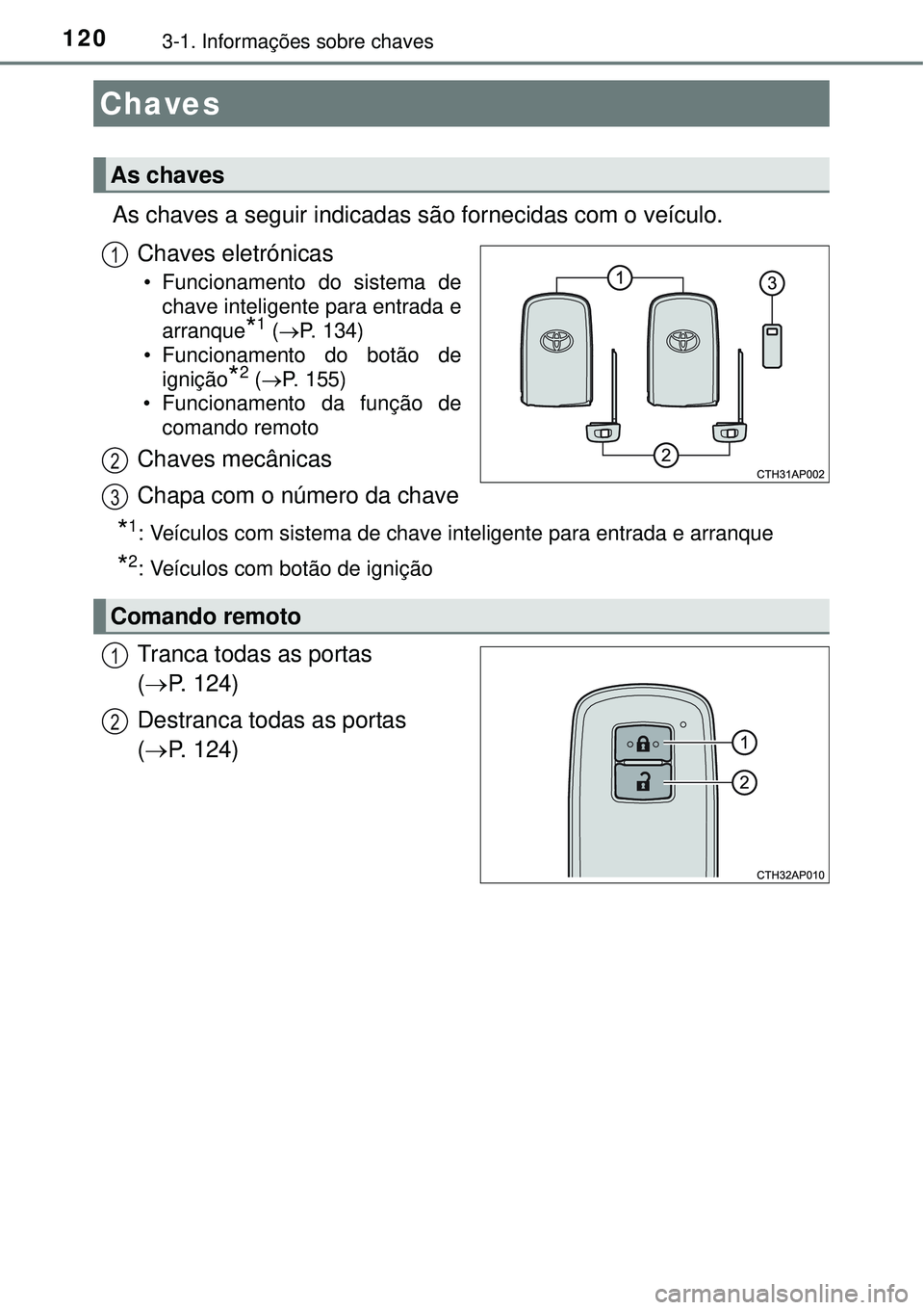 TOYOTA AURIS HYBRID 2016  Manual de utilização (in Portuguese) 1203-1. Informações sobre chaves
As chaves a seguir indicadas são fornecidas com o veículo.
Chaves eletrónicas
• Funcionamento do sistema de
chave inteligente para entrada e
arranque
*1 (P. 
