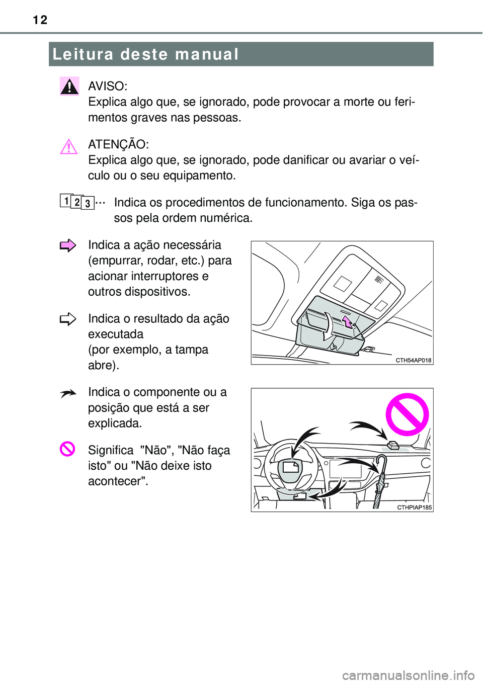 TOYOTA AURIS HYBRID 2016  Manual de utilização (in Portuguese) 12
AV I S O :  
Explica algo que, se ignorado, pode provocar a morte ou feri-
mentos graves nas pessoas. 
ATENÇÃO: 
Explica algo que, se ignorado, pode danificar ou avariar o veí-
culo ou o seu equ