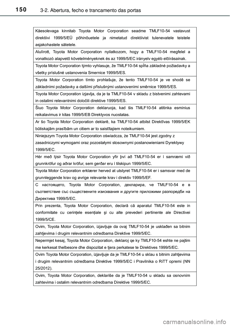 TOYOTA AURIS HYBRID 2016 Manual de utilização (in Portuguese) 1503-2. Abertura, fecho e trancamento das portas
Käesolevaga kinnitab Toyota Motor Corporation seadme TMLF10-54 vastavust
direktiivi 1999/5/EÜ põhinõuetele ja nimetatud direktiivist tulenevatele TOYOTA AURIS HYBRID 2016 Manual de utilização (in Portuguese) 1503-2. Abertura, fecho e trancamento das portas
Käesolevaga kinnitab Toyota Motor Corporation seadme TMLF10-54 vastavust
direktiivi 1999/5/EÜ põhinõuetele ja nimetatud direktiivist tulenevatele