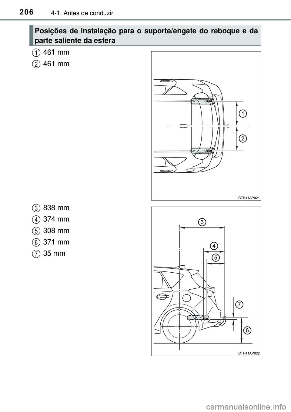 TOYOTA AURIS HYBRID 2016  Manual de utilização (in Portuguese) 2064-1. Antes de conduzir
461 mm 
461 mm 
838 mm 
374 mm 
308 mm
371 mm 
35 mm 
Posições de instalação para o suporte/engate do reboque e da
parte saliente da esfera
1
2
3
4
5
6
7 