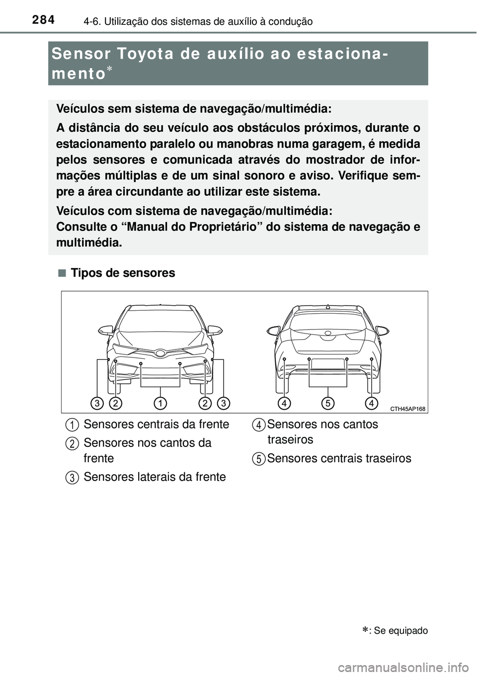 TOYOTA AURIS HYBRID 2016  Manual de utilização (in Portuguese) 2844-6. Utilização dos sistemas de auxílio à condução
nTipos de sensores
Sensor Toyota de auxílio ao estaciona-
mento

: Se equipado
Veículos sem sistema de navegação/multimédia:
A di