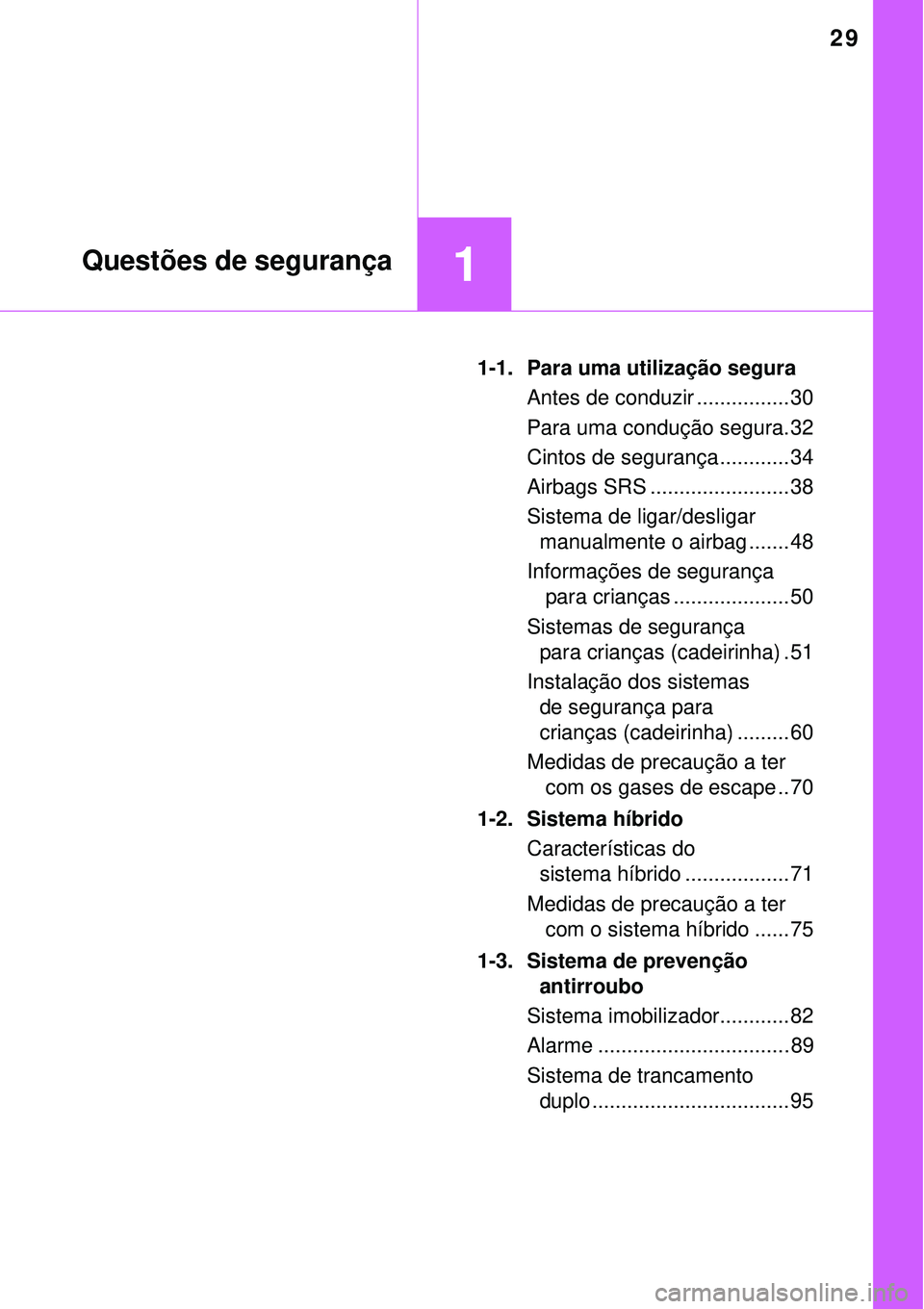 TOYOTA AURIS HYBRID 2016  Manual de utilização (in Portuguese) 29
1Questões de segurança
1-1.  Para uma utilização segura
Antes de conduzir ................ 30
Para uma condução segura. 32
Cintos de segurança ............ 34
Airbags SRS ...................