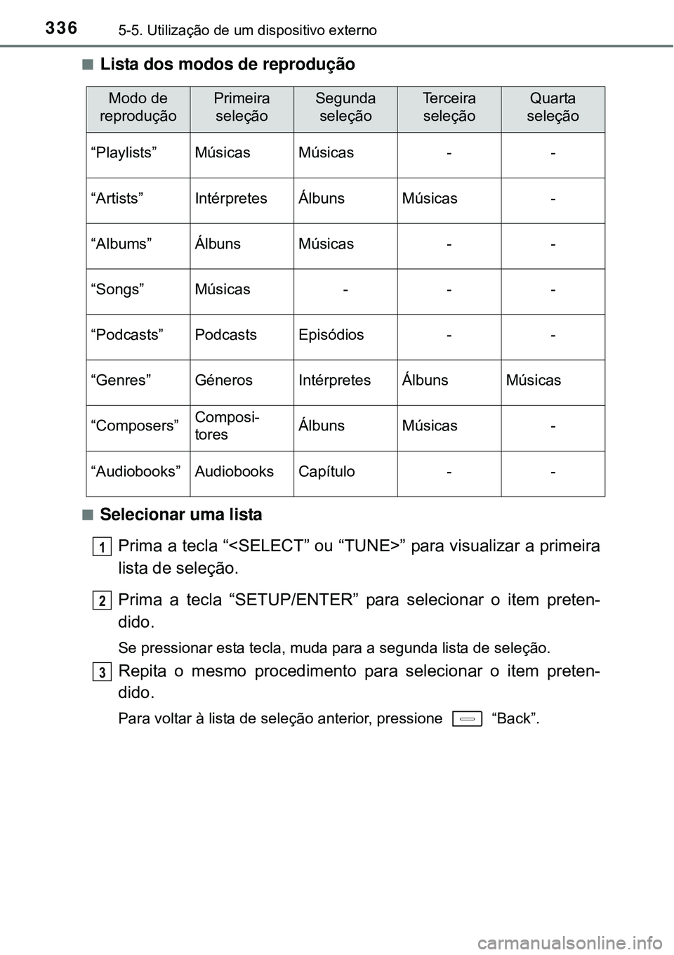 TOYOTA AURIS HYBRID 2016  Manual de utilização (in Portuguese) 3365-5. Utilização de um dispositivo externo
nLista dos modos de reprodução
nSelecionar uma lista
Prima a tecla “<SELECT” ou “TUNE>” para visualizar a primeira
lista de seleção.
Prima a 