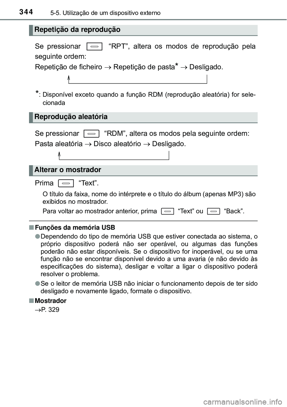 TOYOTA AURIS HYBRID 2016  Manual de utilização (in Portuguese) 3445-5. Utilização de um dispositivo externo
Se pressionar   “RPT”, altera os modos de reprodução pela
seguinte ordem: 
Repetição de ficheiro  Repetição de pasta
*  Desligado.
*: Dis
