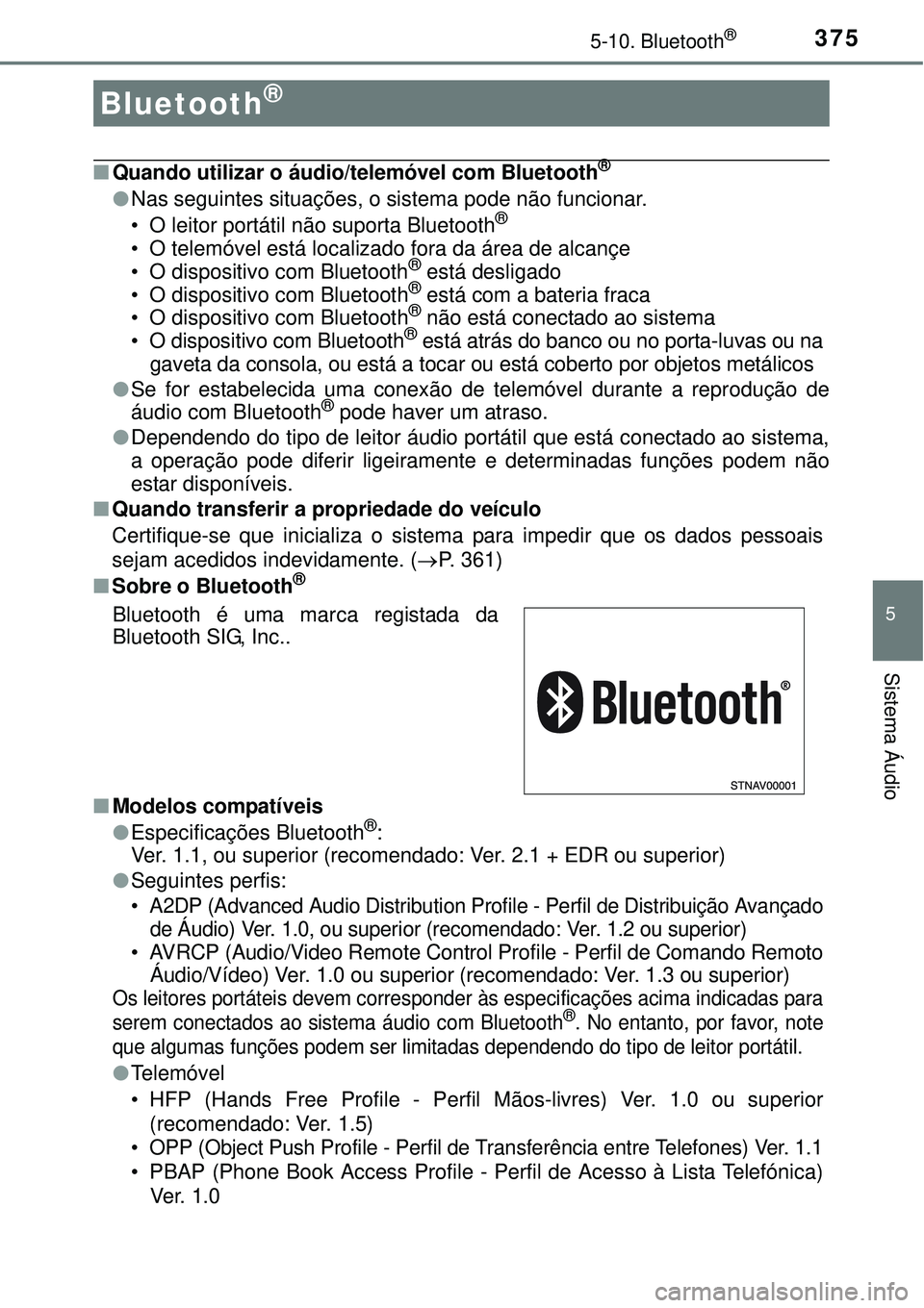 TOYOTA AURIS HYBRID 2016 Manual de utilização (in Portuguese) 375
5
Sistema Áudio
5-10. Bluetooth®
nQuando utilizar o áudio/telemóvel com Bluetooth®
lNas seguintes situações, o sistema pode não funcionar.
• O leitor portátil não suporta Bluetooth®
TOYOTA AURIS HYBRID 2016 Manual de utilização (in Portuguese) 375
5
Sistema Áudio
5-10. Bluetooth®
nQuando utilizar o áudio/telemóvel com Bluetooth®
lNas seguintes situações, o sistema pode não funcionar.
• O leitor portátil não suporta Bluetooth®