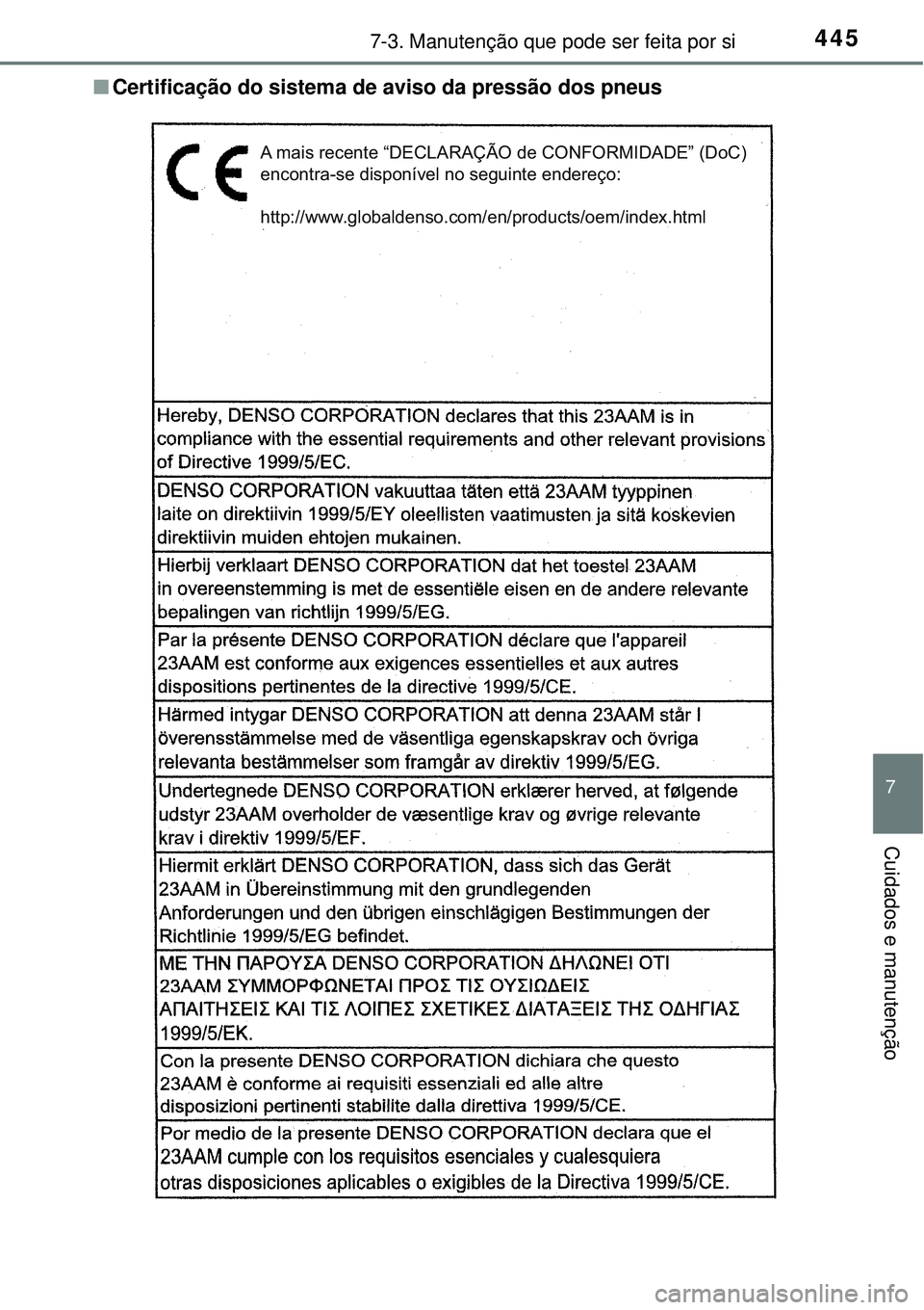 TOYOTA AURIS HYBRID 2016  Manual de utilização (in Portuguese) 4457-3. Manutenção que pode ser feita por si
7
Cuidados e manutenção
nCertificação do sistema de aviso da pressão dos pneus
A mais recente “DECLARAÇÃO de CONFORMIDADE” (DoC) 
encontra-se 