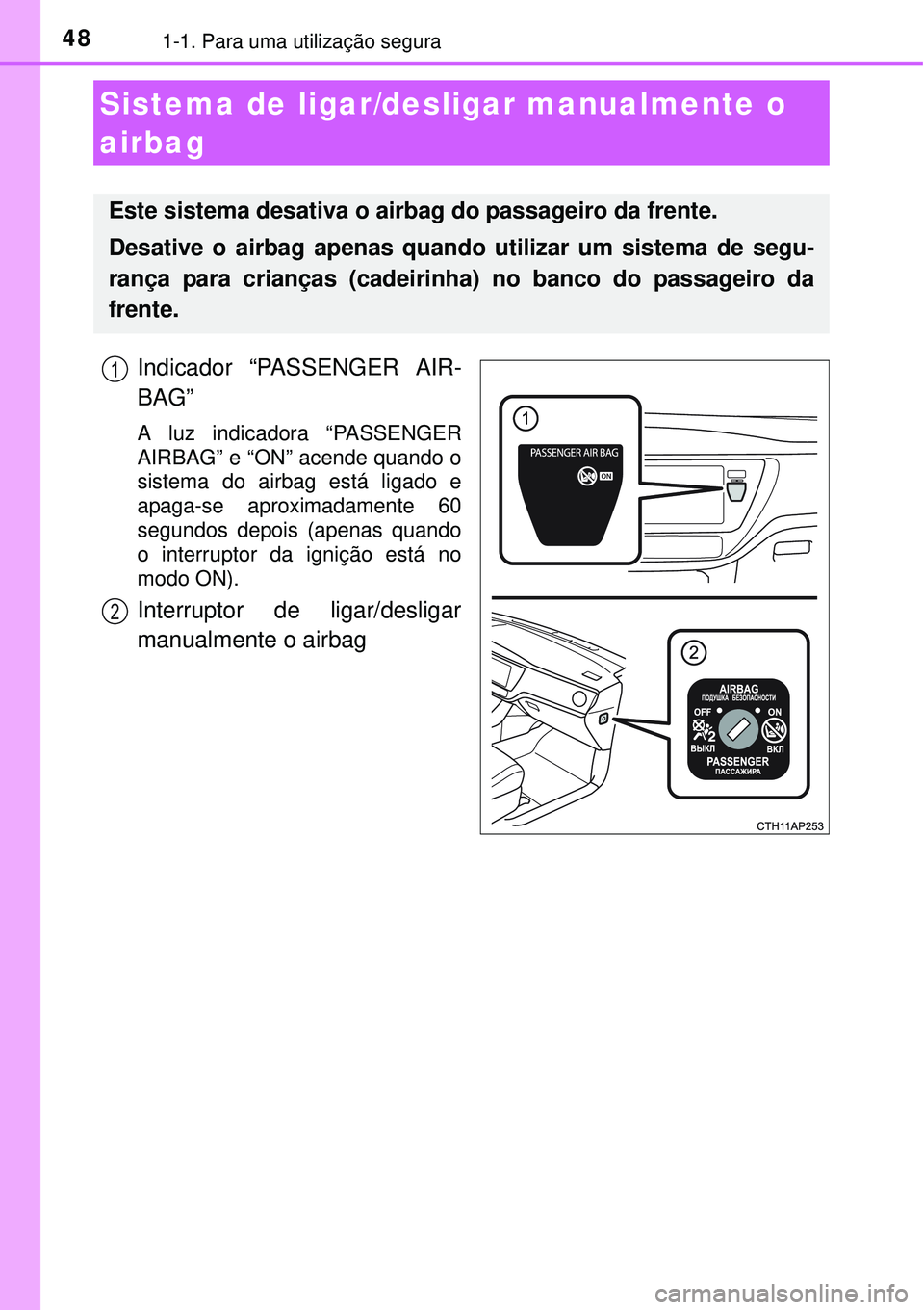 TOYOTA AURIS HYBRID 2016  Manual de utilização (in Portuguese) 481-1. Para uma utilização segura
Indicador “PASSENGER AIR-
BAG”
A luz indicadora “PASSENGER
AIRBAG” e “ON” acende quando o
sistema do airbag está ligado e
apaga-se aproximadamente 60
s