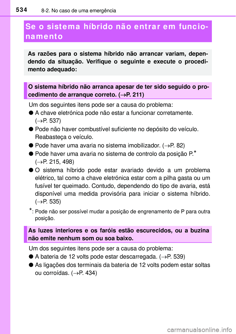 TOYOTA AURIS HYBRID 2016 Manual de utilização (in Portuguese) 5348-2. No caso de uma emergência
Um dos seguintes itens pode ser a causa do problema:
lA chave eletrónica pode não estar a funcionar corretamente.
(P. 537)
lPode não haver combustível sufici TOYOTA AURIS HYBRID 2016 Manual de utilização (in Portuguese) 5348-2. No caso de uma emergência
Um dos seguintes itens pode ser a causa do problema:
lA chave eletrónica pode não estar a funcionar corretamente.
(P. 537)
lPode não haver combustível sufici