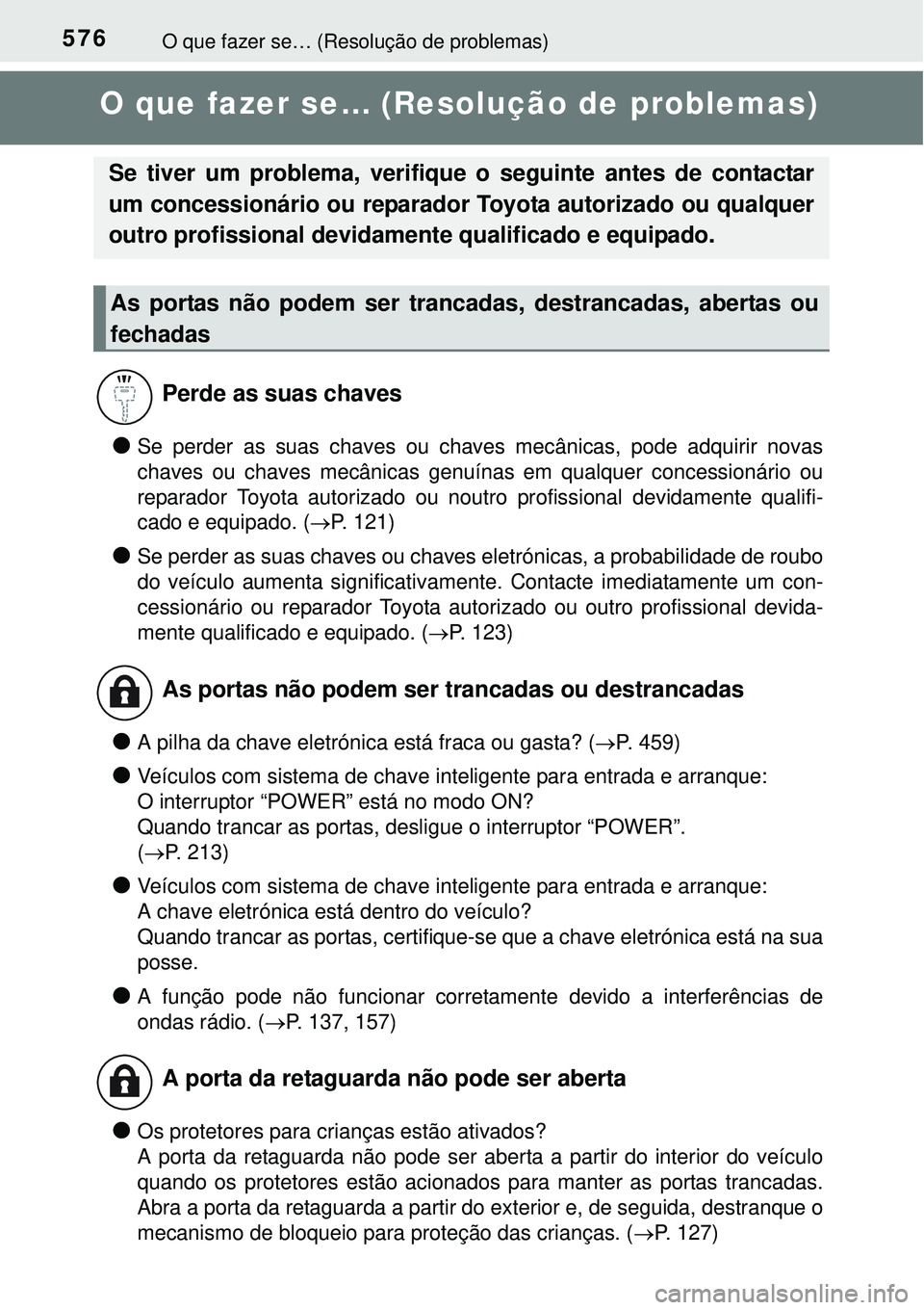 TOYOTA AURIS HYBRID 2016 Manual de utilização (in Portuguese) 576O que fazer se… (Resolução de problemas)
O que fazer se… (Resolução de problemas)
lSe perder as suas chaves ou chaves mecânicas, pode adquirir novas
chaves ou chaves mecânicas genuínas e TOYOTA AURIS HYBRID 2016 Manual de utilização (in Portuguese) 576O que fazer se… (Resolução de problemas)
O que fazer se… (Resolução de problemas)
lSe perder as suas chaves ou chaves mecânicas, pode adquirir novas
chaves ou chaves mecânicas genuínas e