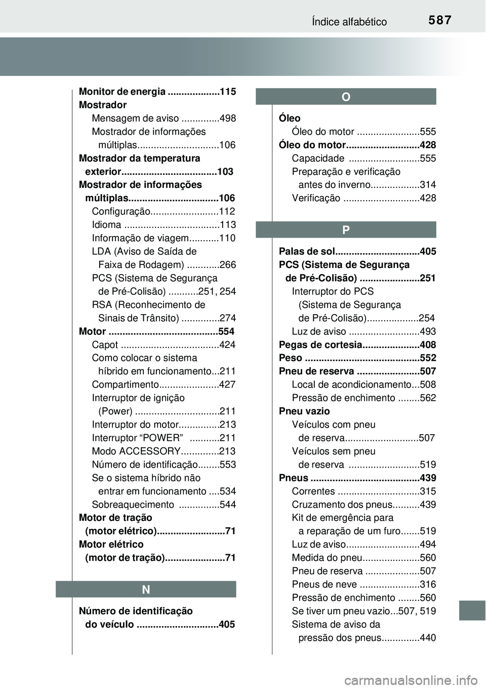 TOYOTA AURIS HYBRID 2016 Manual de utilização (in Portuguese) 587Índice alfabético
Monitor de energia ...................115
Mostrador
Mensagem de aviso ..............498
Mostrador de informações
múltiplas..............................106
Mostrador da temp TOYOTA AURIS HYBRID 2016 Manual de utilização (in Portuguese) 587Índice alfabético
Monitor de energia ...................115
Mostrador
Mensagem de aviso ..............498
Mostrador de informações
múltiplas..............................106
Mostrador da temp
