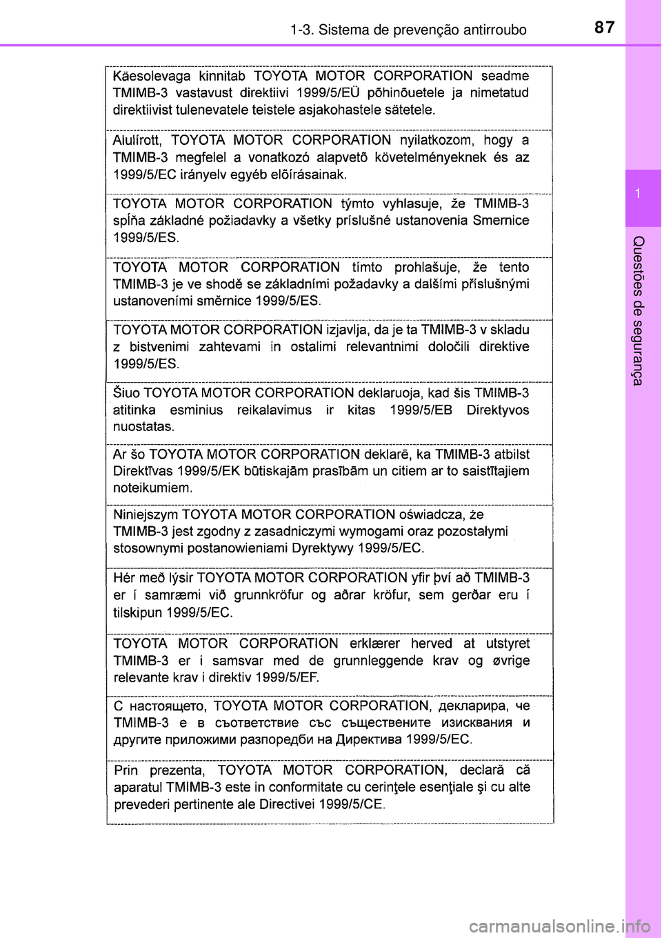 TOYOTA AURIS HYBRID 2016  Manual de utilização (in Portuguese) 871-3. Sistema de prevenção antirroubo
1
Questões de segurança 