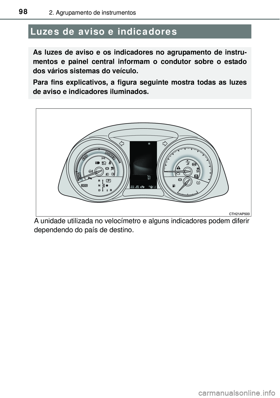 TOYOTA AURIS HYBRID 2016  Manual de utilização (in Portuguese) 982. Agrupamento de instrumentos
A unidade utilizada no velocímetro e alguns indicadores podem diferir
dependendo do país de destino.
Luzes de aviso e indicadores
As luzes de aviso e os indicadores 