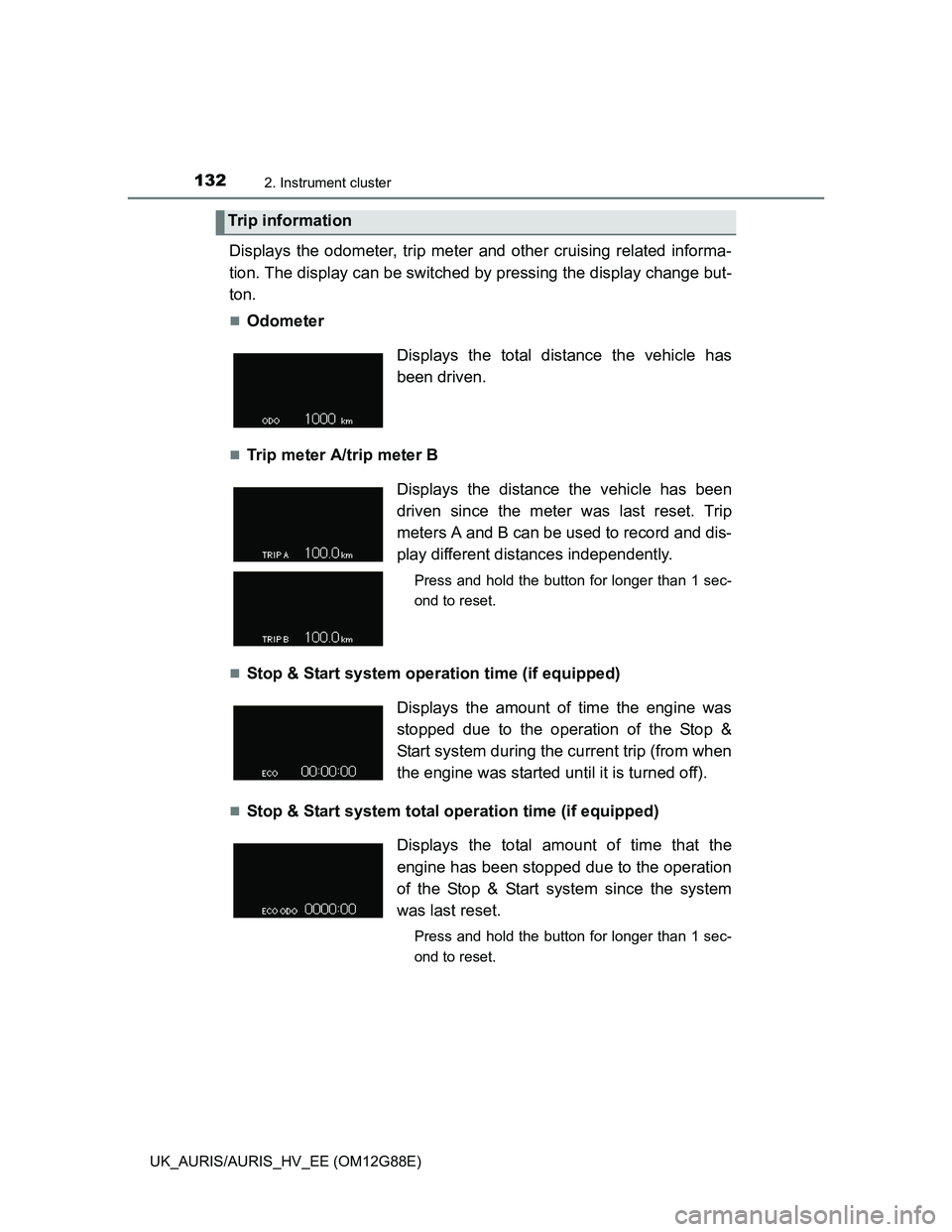 TOYOTA AURIS HYBRID 2014  Owners Manual 1322. Instrument cluster
UK_AURIS/AURIS_HV_EE (OM12G88E)
Displays the odometer, trip meter and other cruising related informa-
tion. The display can be switched by pressing the display change but-
ton