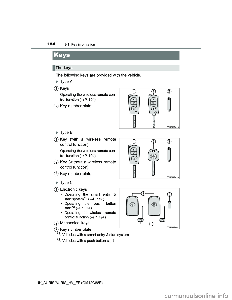 TOYOTA AURIS HYBRID 2014  Owners Manual 154
UK_AURIS/AURIS_HV_EE (OM12G88E)
3-1. Key information
The following keys are provided with the vehicle.
Ty p e  A
Keys
Operating the wireless remote con-
trol function (P. 194)
Key number pla
