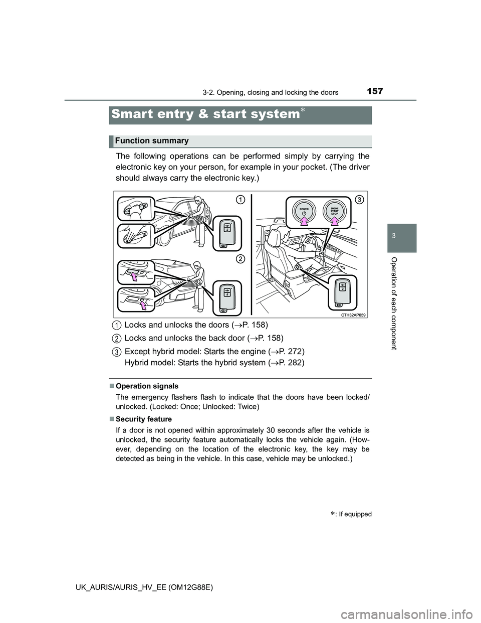 TOYOTA AURIS HYBRID 2014  Owners Manual 157
UK_AURIS/AURIS_HV_EE (OM12G88E)
3
Operation of each component
3-2. Opening, closing and locking the doors
The following operations can be performed simply by carrying the
electronic key on your pe