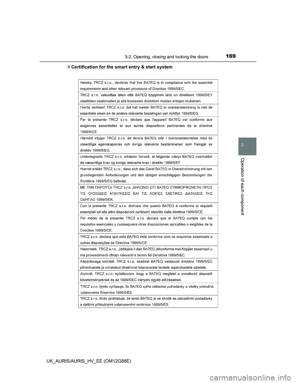 TOYOTA AURIS HYBRID 2014  Owners Manual 1693-2. Opening, closing and locking the doors
UK_AURIS/AURIS_HV_EE (OM12G88E)
3
Operation of each component
Certification for the smart entry & start system 